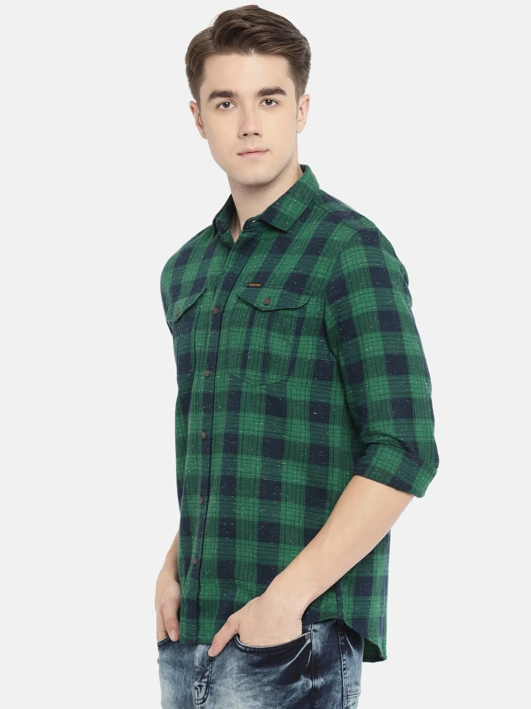 Green Slim Straight Fit Regular Collar Long Sleeves Cotton Men's Shirt by Being Human Clothing - Image 2