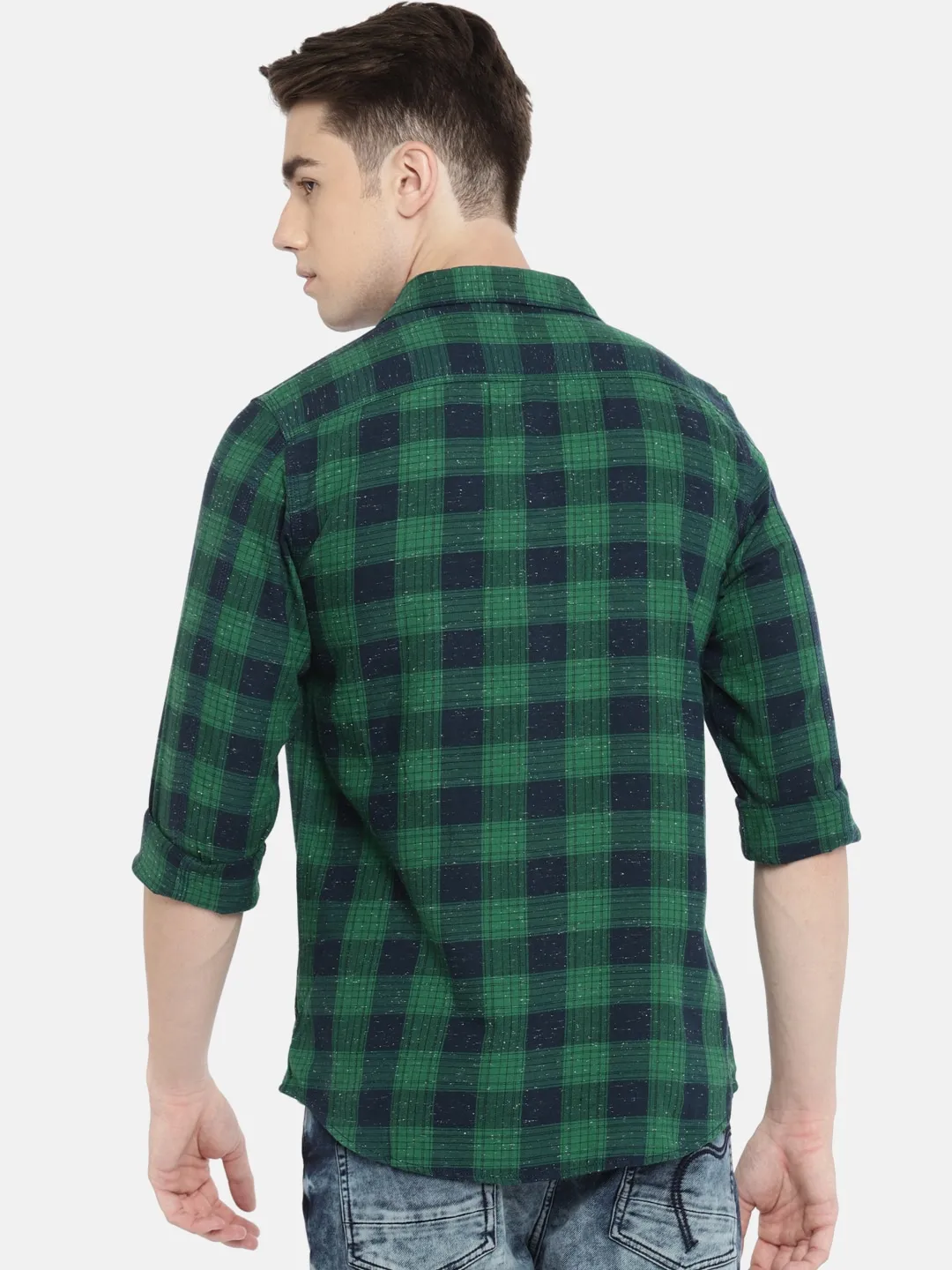 Green Slim Straight Fit Regular Collar Long Sleeves Cotton Men's Shirt by Being Human Clothing - Image 4
