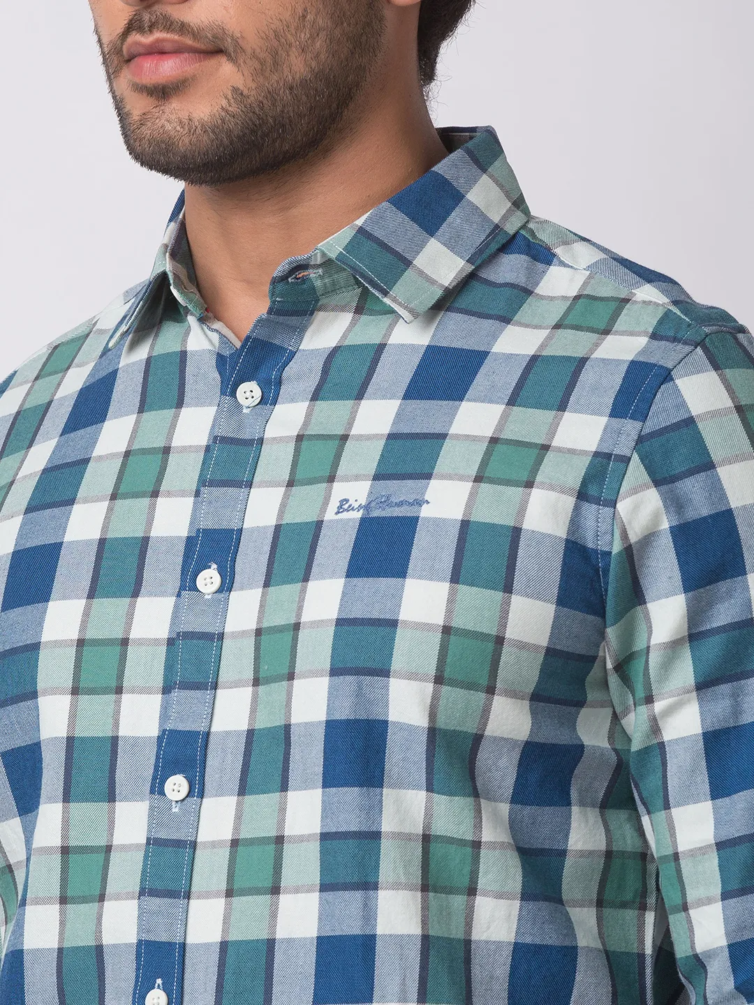 Green Slim Straight Fit Regular Collar Long Sleeves Cotton Men's Shirt by Being Human Clothing - Image 3