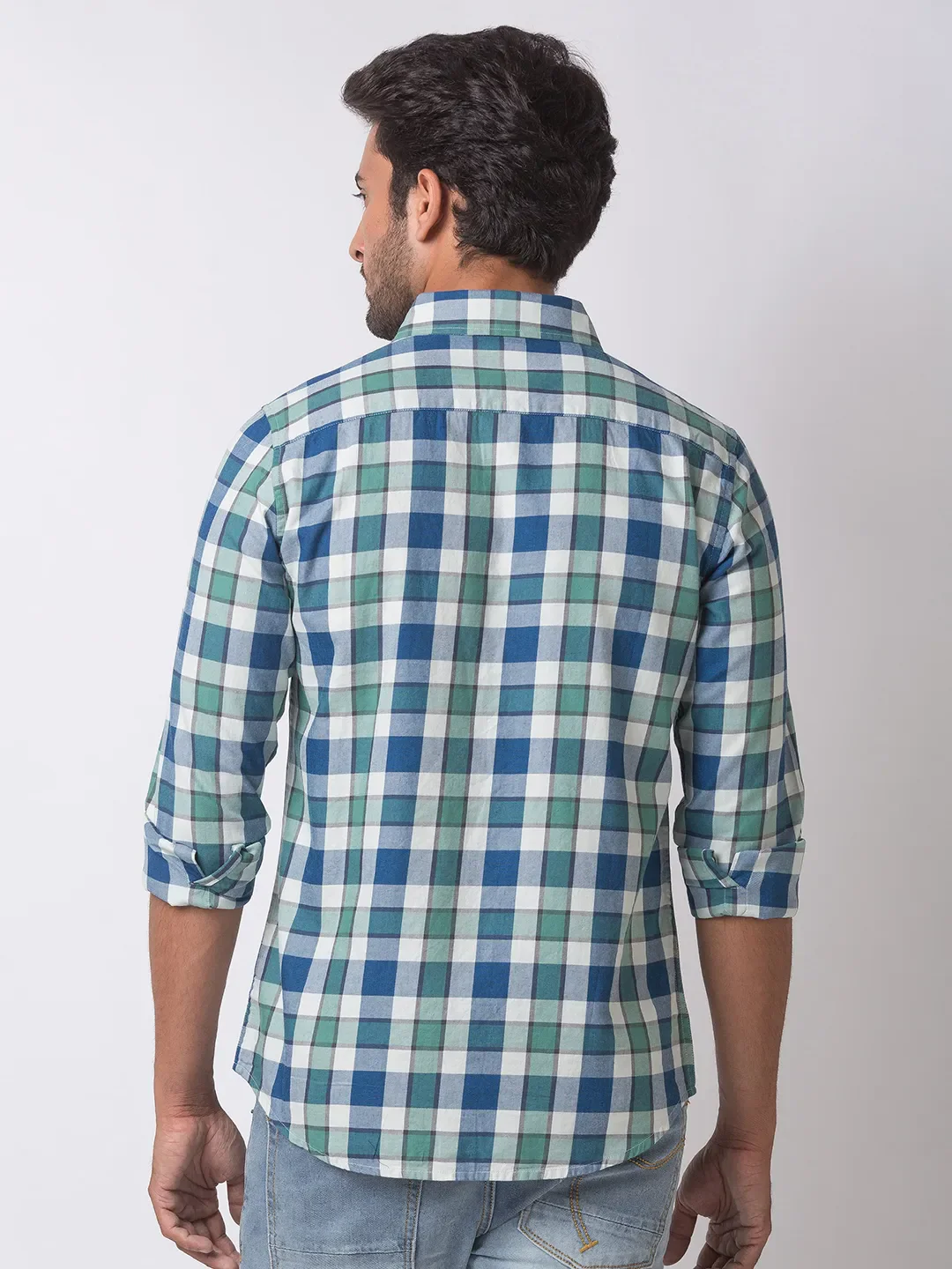 Green Slim Straight Fit Regular Collar Long Sleeves Cotton Men's Shirt by Being Human Clothing - Image 4