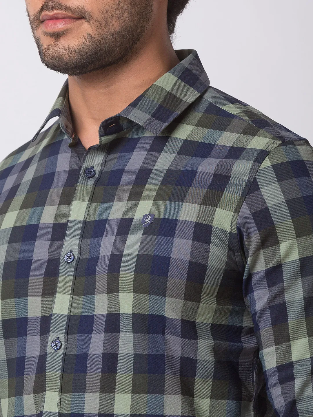 Green Slim Straight Fit Regular Collar Long Sleeves Cotton Men's Shirt by Being Human Clothing - Image 3