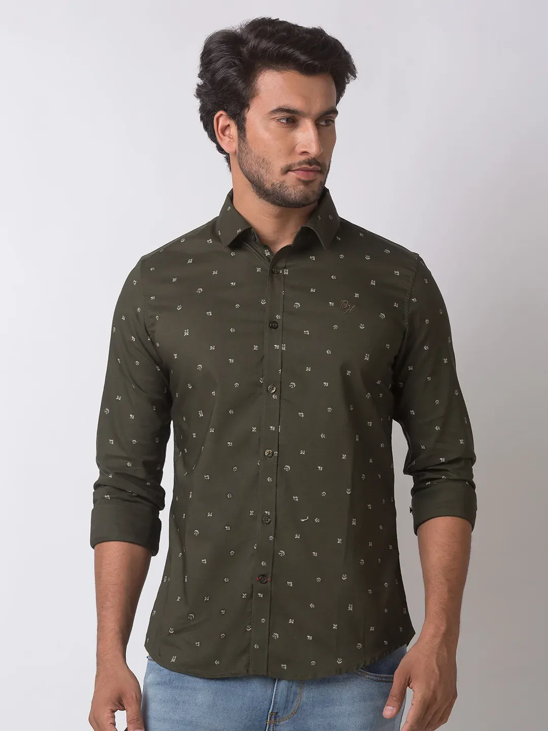 Green Slim Straight Fit Regular Collar Long Sleeves Cotton Men's Shirt by Being Human Clothing