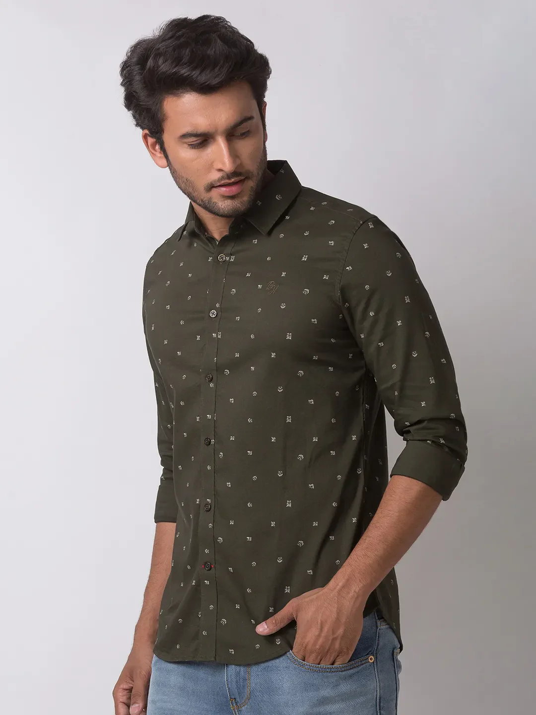 Green Slim Straight Fit Regular Collar Long Sleeves Cotton Men's Shirt by Being Human Clothing - Image 2