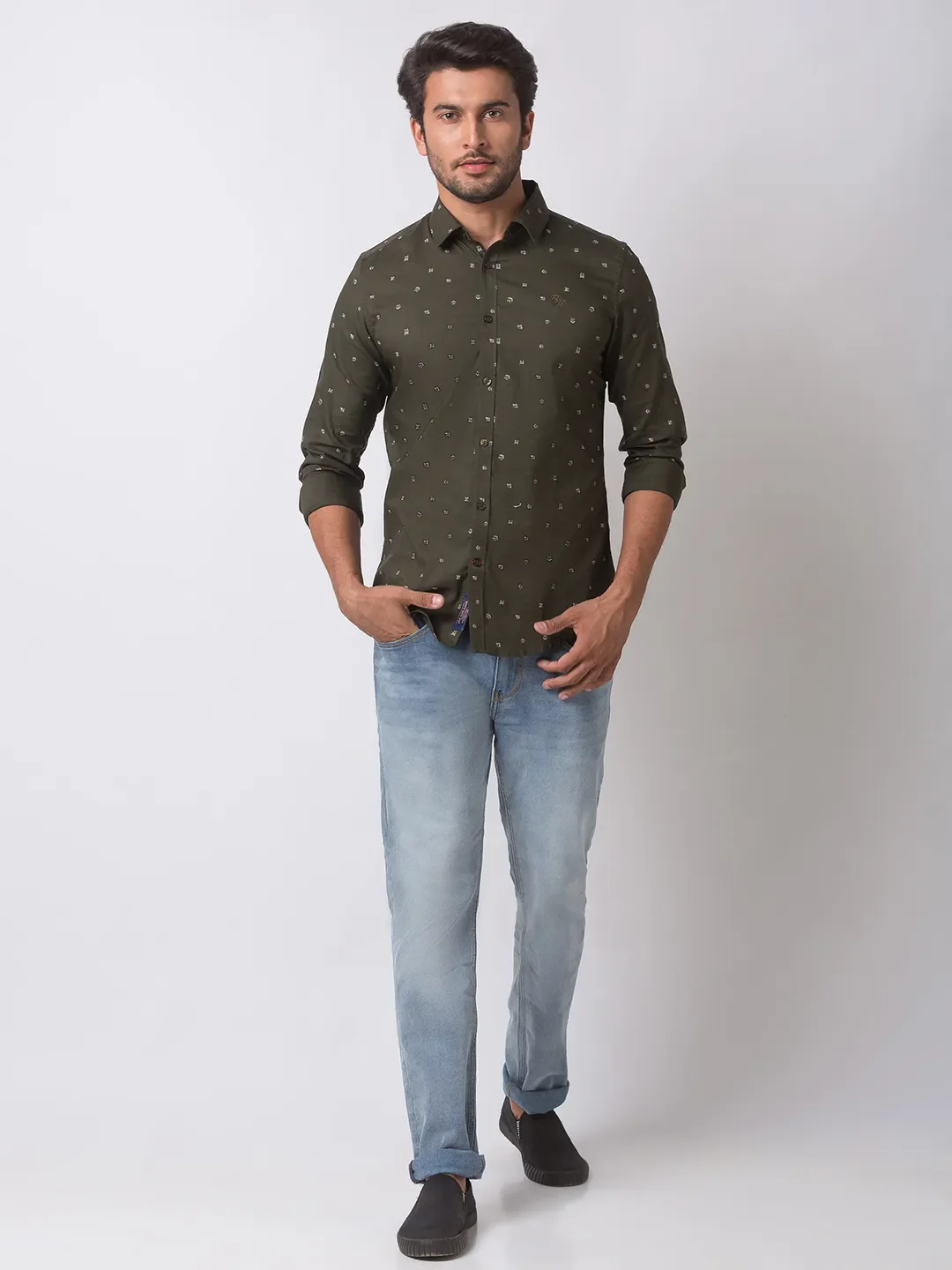 Green Slim Straight Fit Regular Collar Long Sleeves Cotton Men's Shirt by Being Human Clothing - Image 5