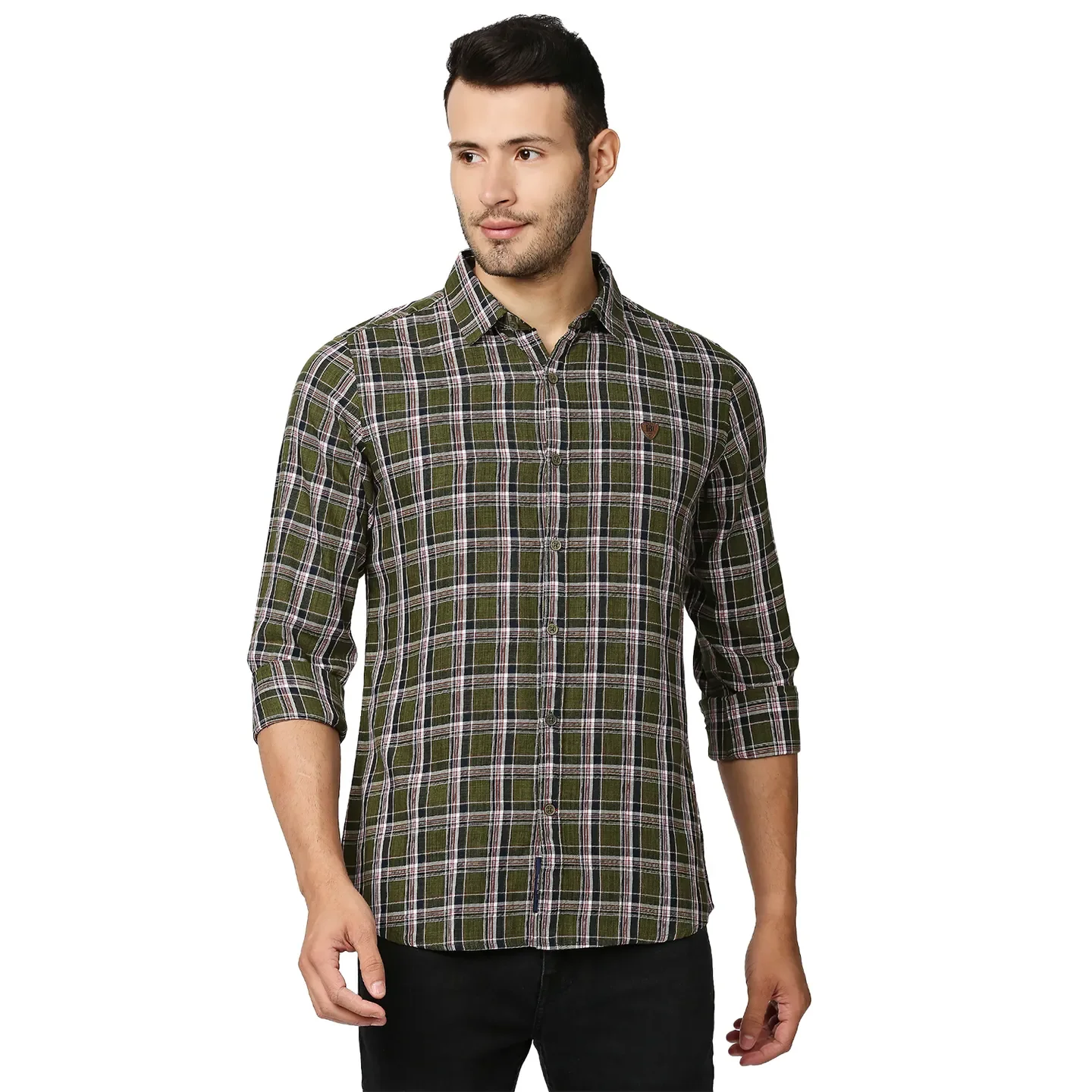 Green Slim Straight Fit Regular Collar Long Sleeves Men's Shirt by Being Human Clothing