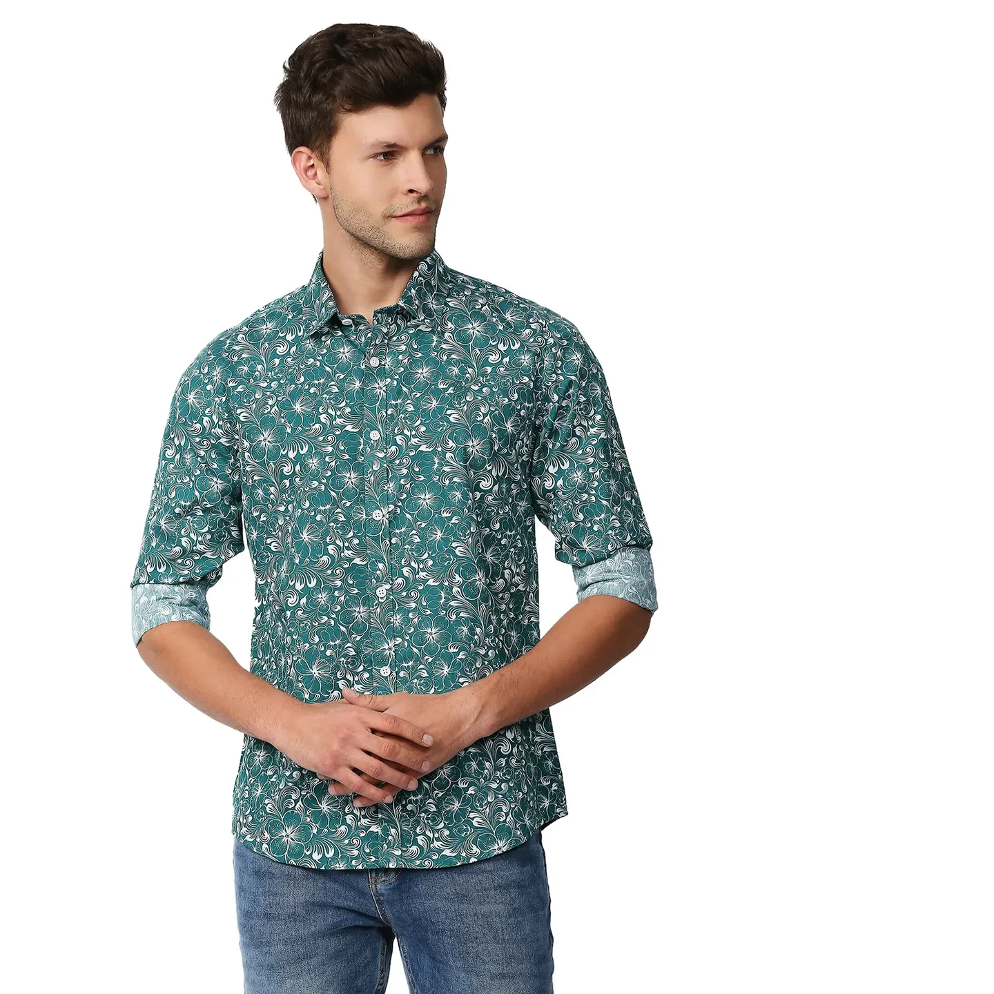 Green Slim Straight Fit Regular Collar Long Sleeves Men's Shirt by Being Human Clothing