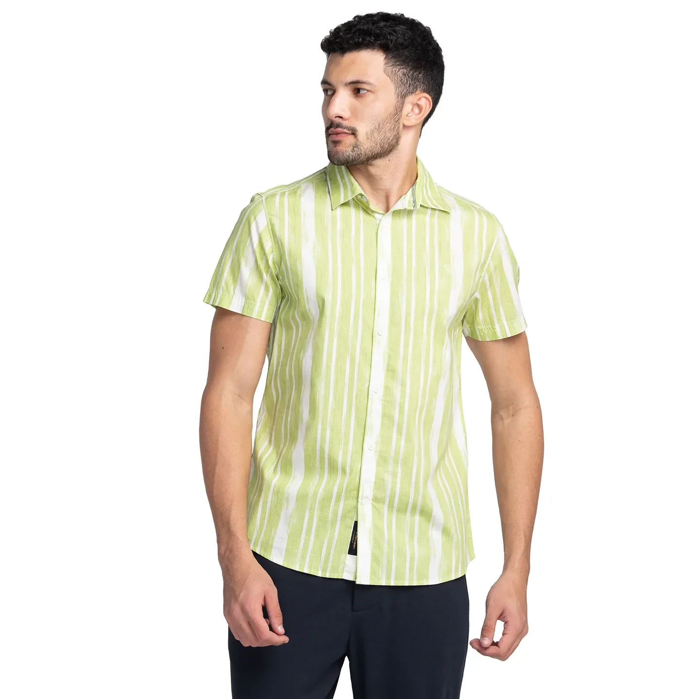 Green Slim Straight Fit Regular Collar Short Sleeves Cotton Men's Shirt by Being Human Clothing