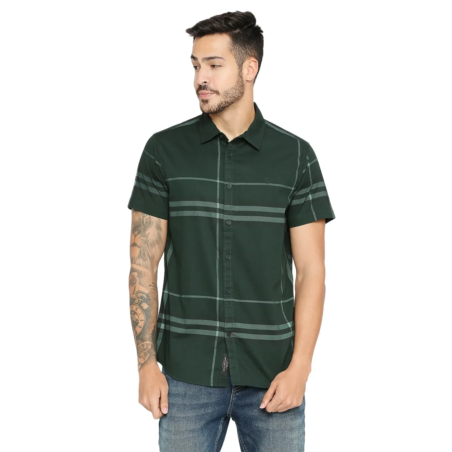 Green Slim Straight Fit Regular Collar Short Sleeves Cotton Men's Shirt by Being Human Clothing