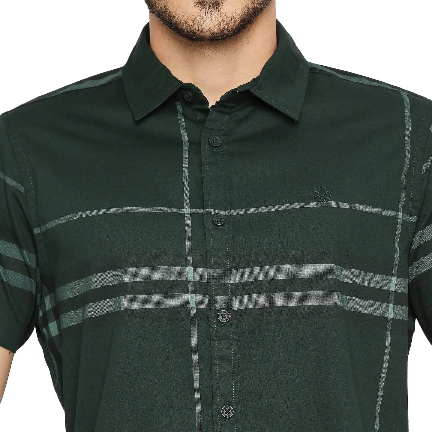 Green Slim Straight Fit Regular Collar Short Sleeves Cotton Men's Shirt by Being Human Clothing - Image 5