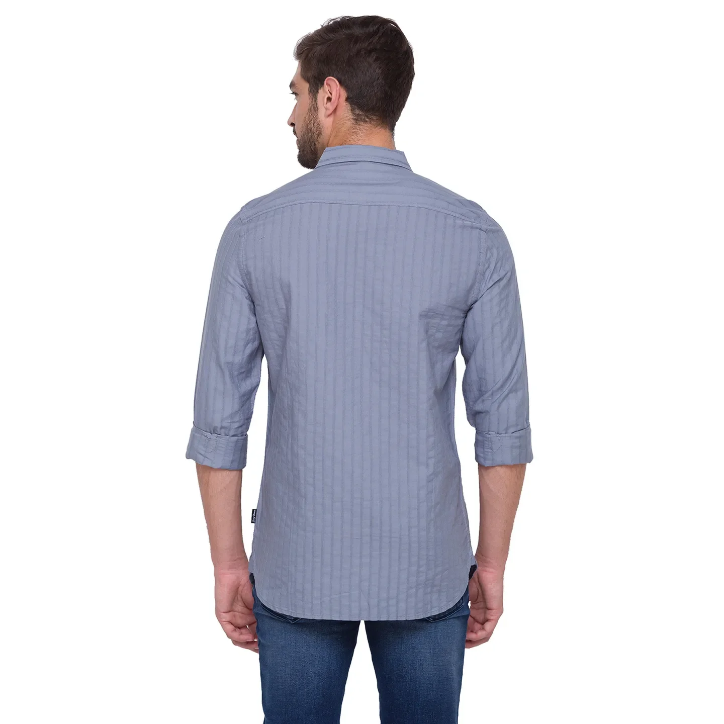 Grey Slim Straight Fit Regular Collar Long Sleeves Cotton Men's Shirt by Being Human Clothing - Image 3