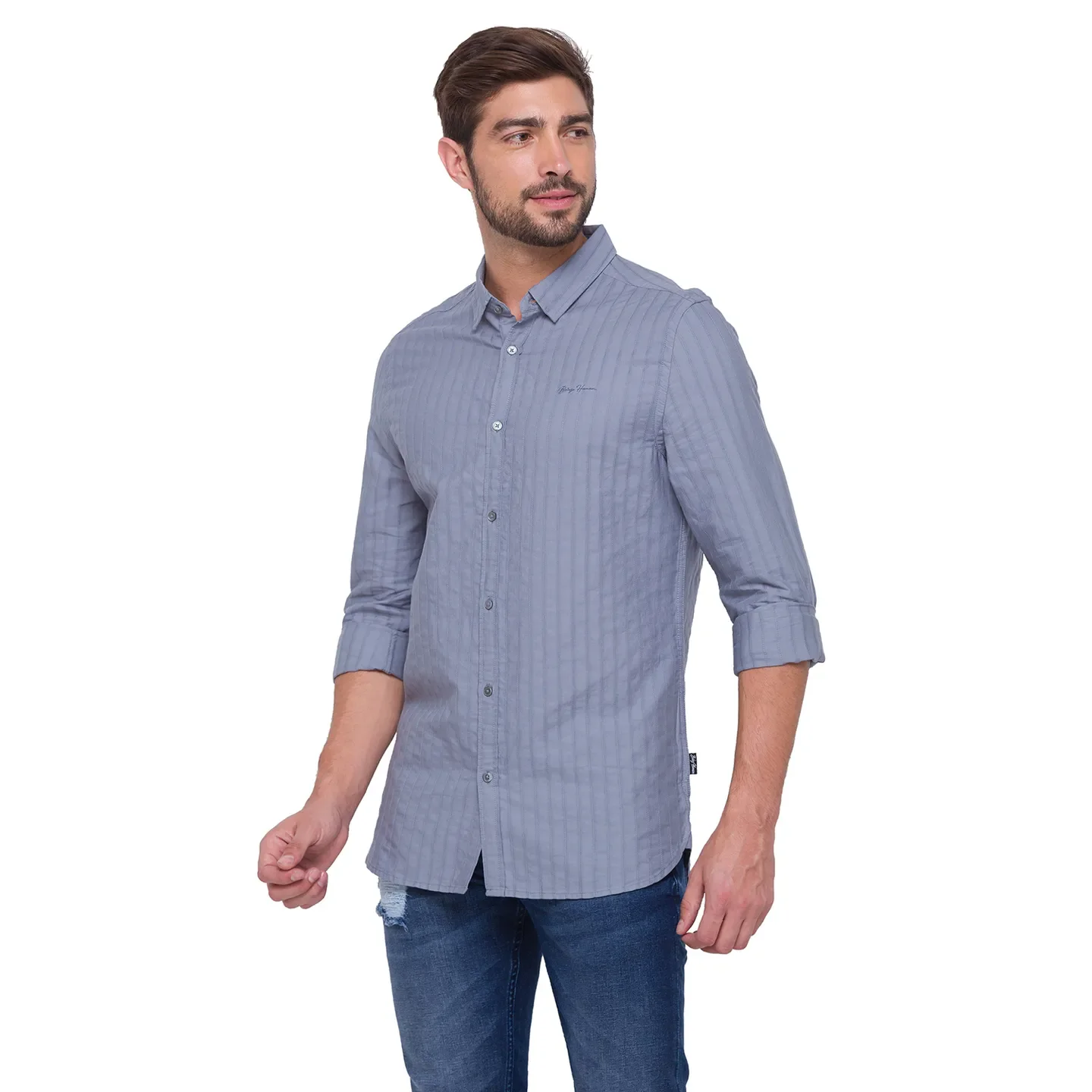 Grey Slim Straight Fit Regular Collar Long Sleeves Cotton Men's Shirt by Being Human Clothing - Image 4