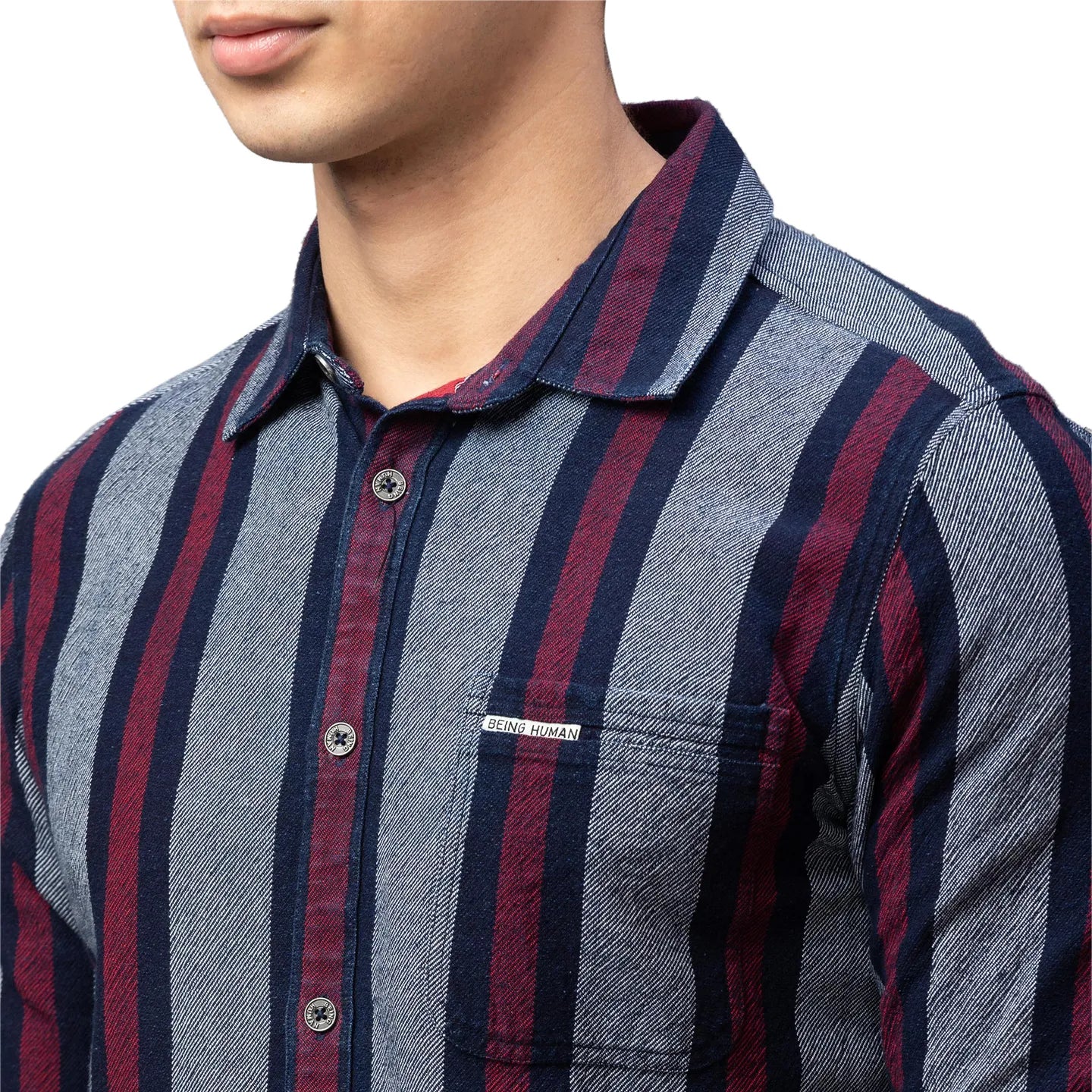 Grey Slim Straight Fit Regular Collar Long Sleeves Cotton Men's Shirt by Being Human Clothing - Image 5