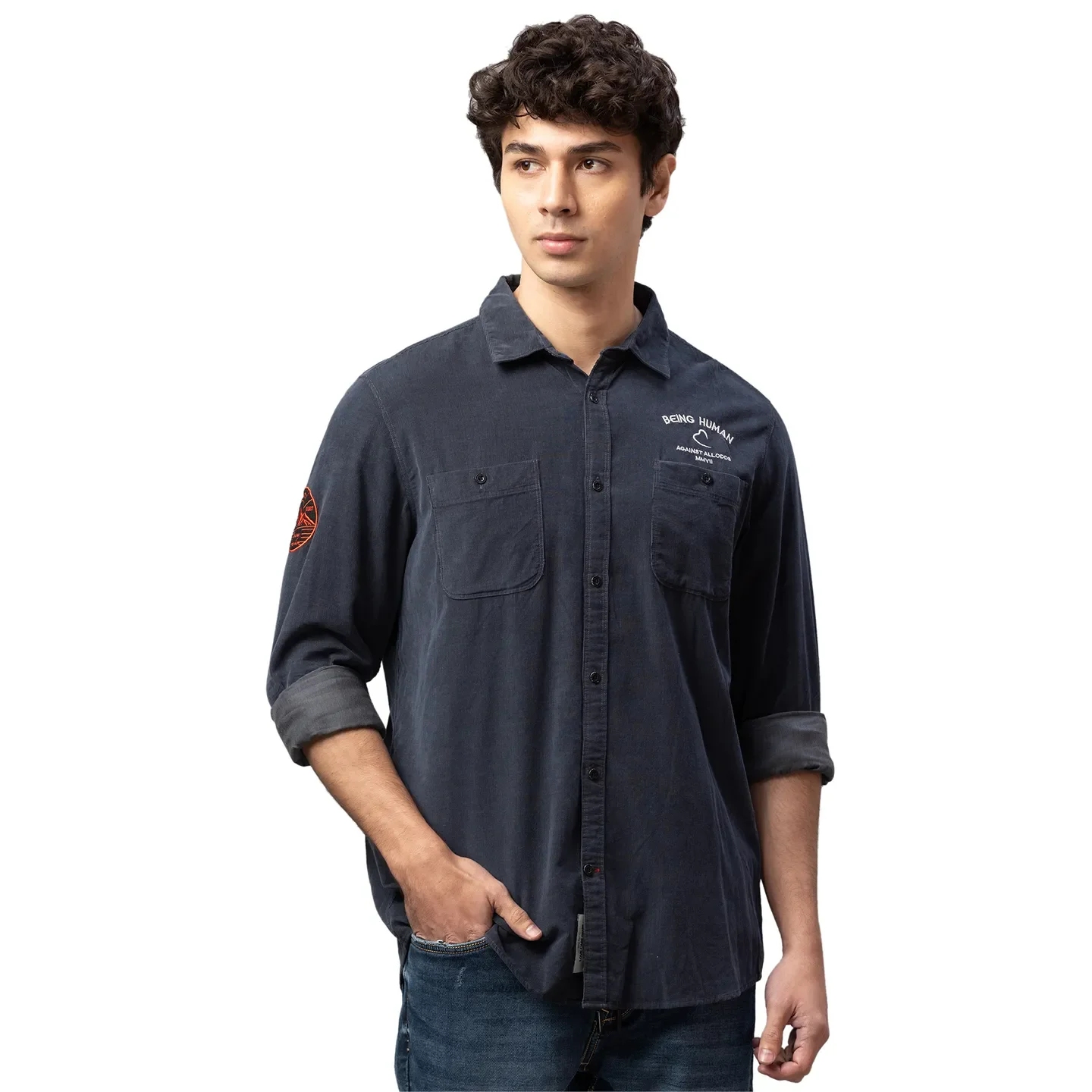 Grey Slim Straight Fit Regular Collar Long Sleeves Cotton Men's Shirt by Being Human Clothing