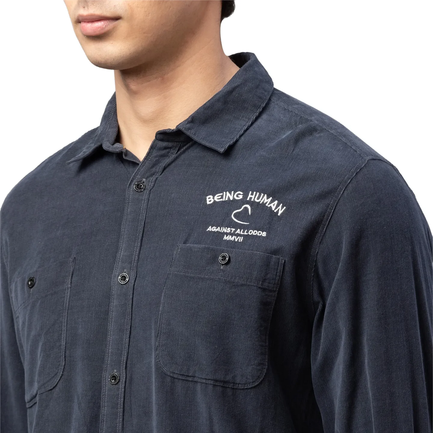 Grey Slim Straight Fit Regular Collar Long Sleeves Cotton Men's Shirt by Being Human Clothing - Image 5