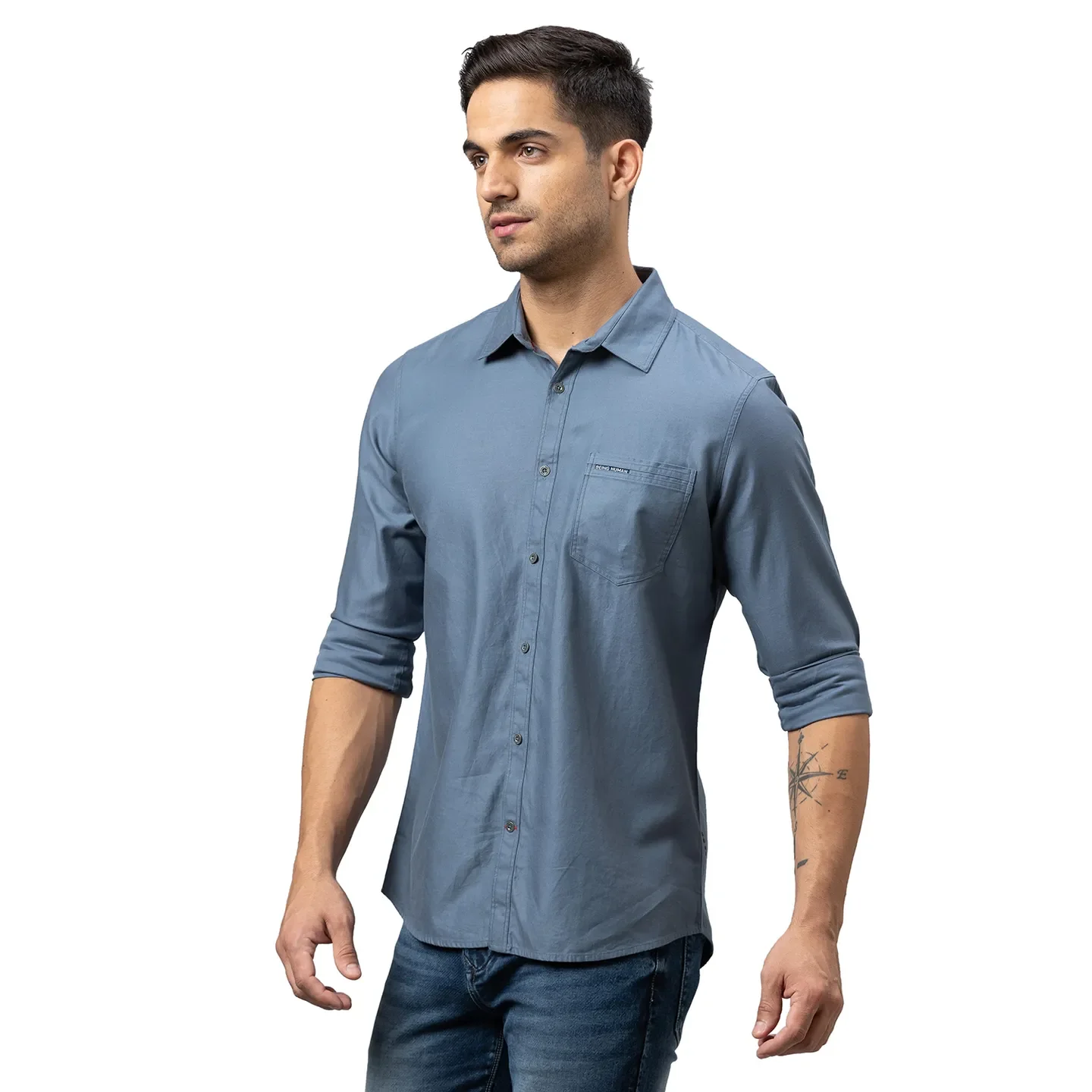 Grey Slim Straight Fit Regular Collar Long Sleeves Cotton Men's Shirt by Being Human Clothing - Image 4