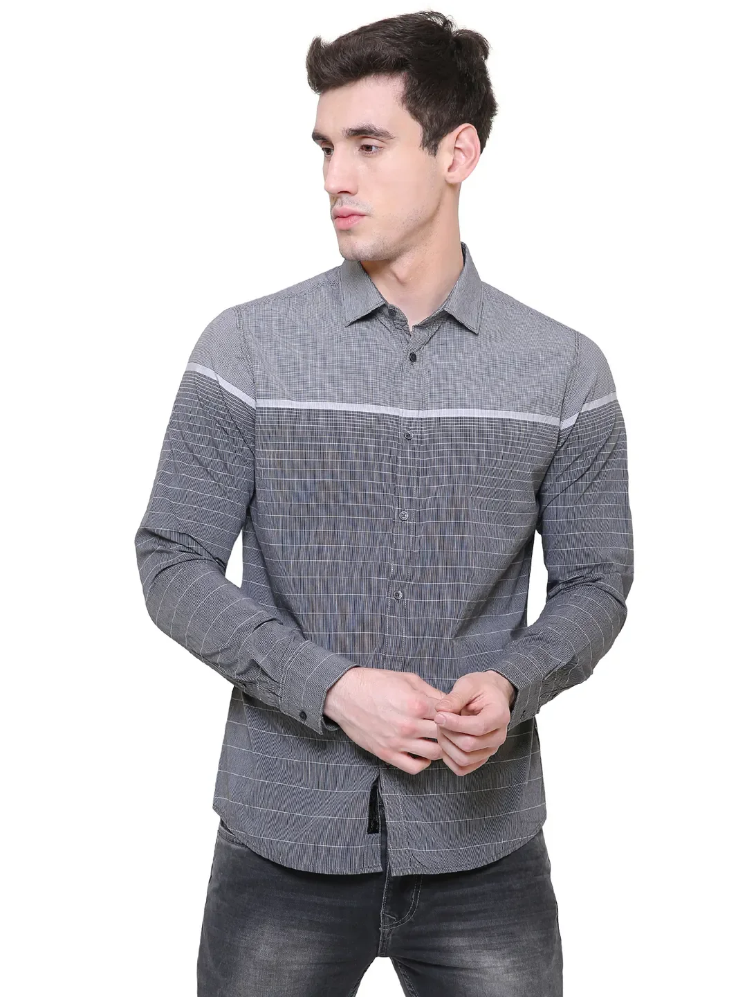 Grey Slim Straight Fit Regular Collar Long Sleeves Cotton Men's Shirt by Being Human Clothing