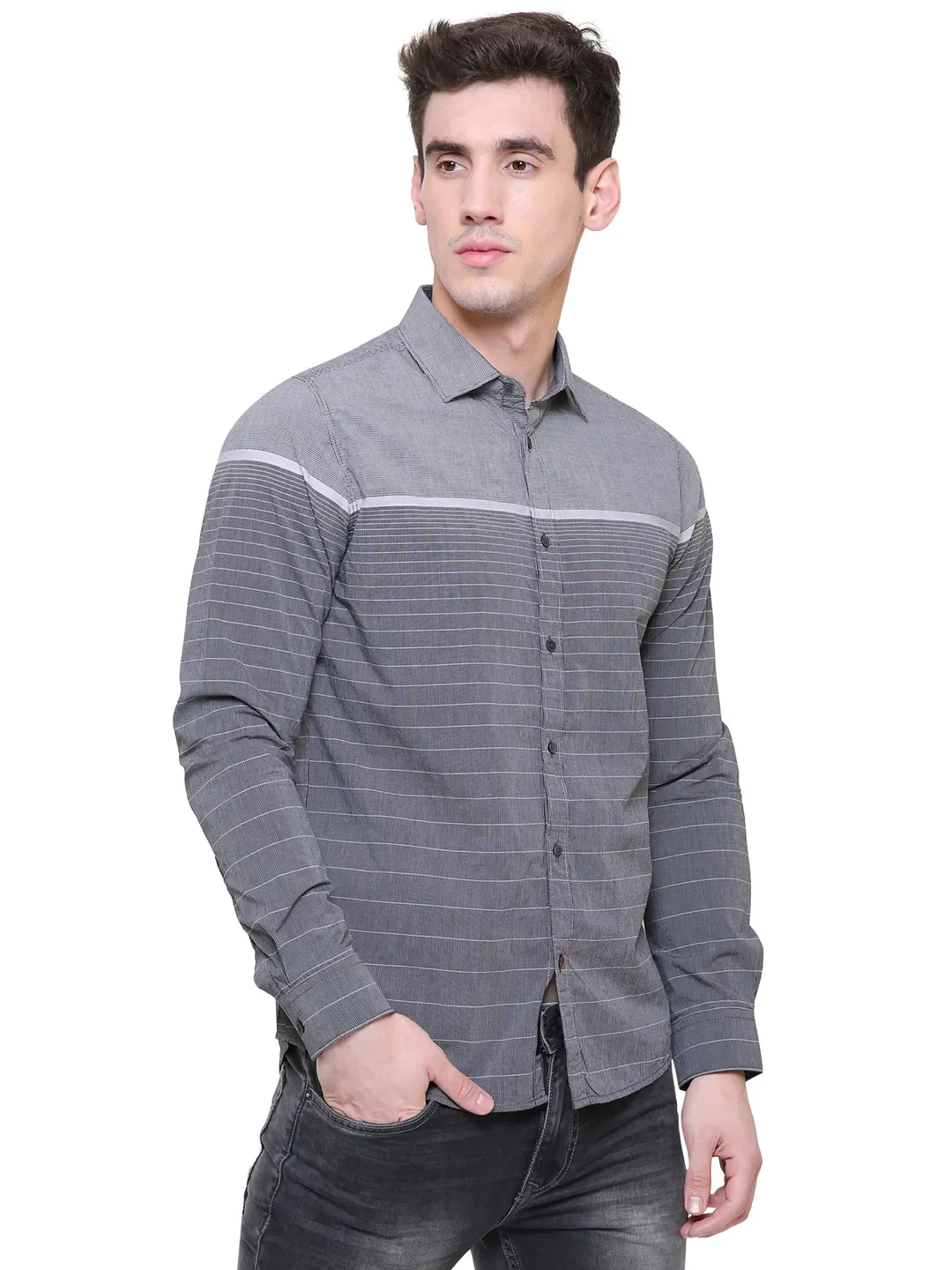 Grey Slim Straight Fit Regular Collar Long Sleeves Cotton Men's Shirt by Being Human Clothing - Image 2