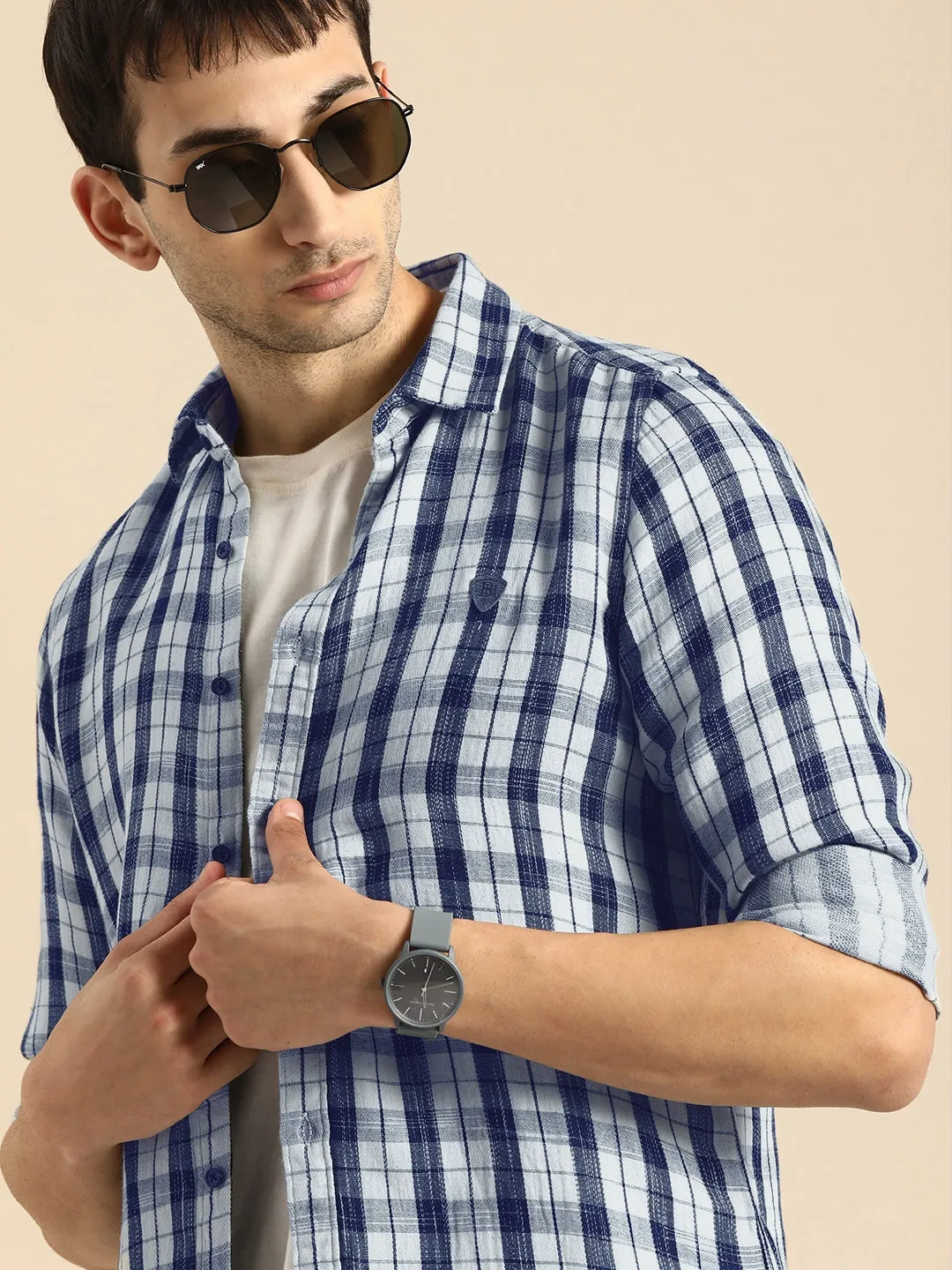 Grey Slim Straight Fit Regular Collar Long Sleeves Cotton Men's Shirt by Being Human Clothing