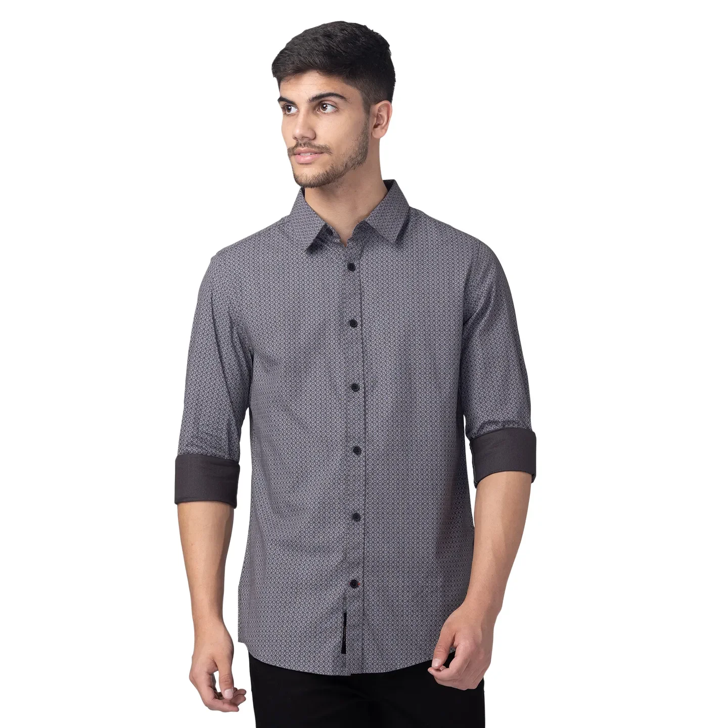Grey Slim Straight Fit Regular Collar Long Sleeves Cotton Men's Shirt by Being Human Clothing