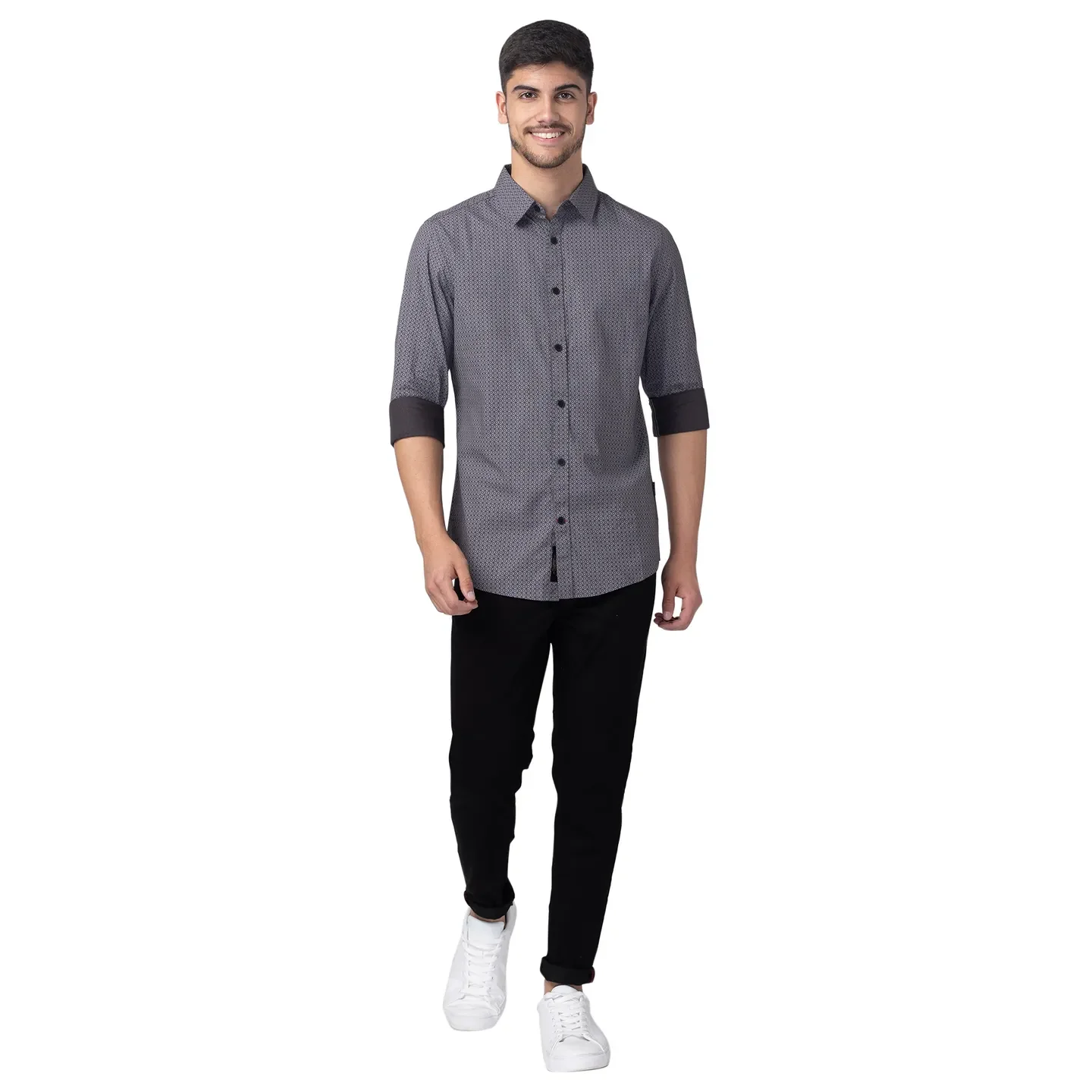 Grey Slim Straight Fit Regular Collar Long Sleeves Cotton Men's Shirt by Being Human Clothing - Image 5