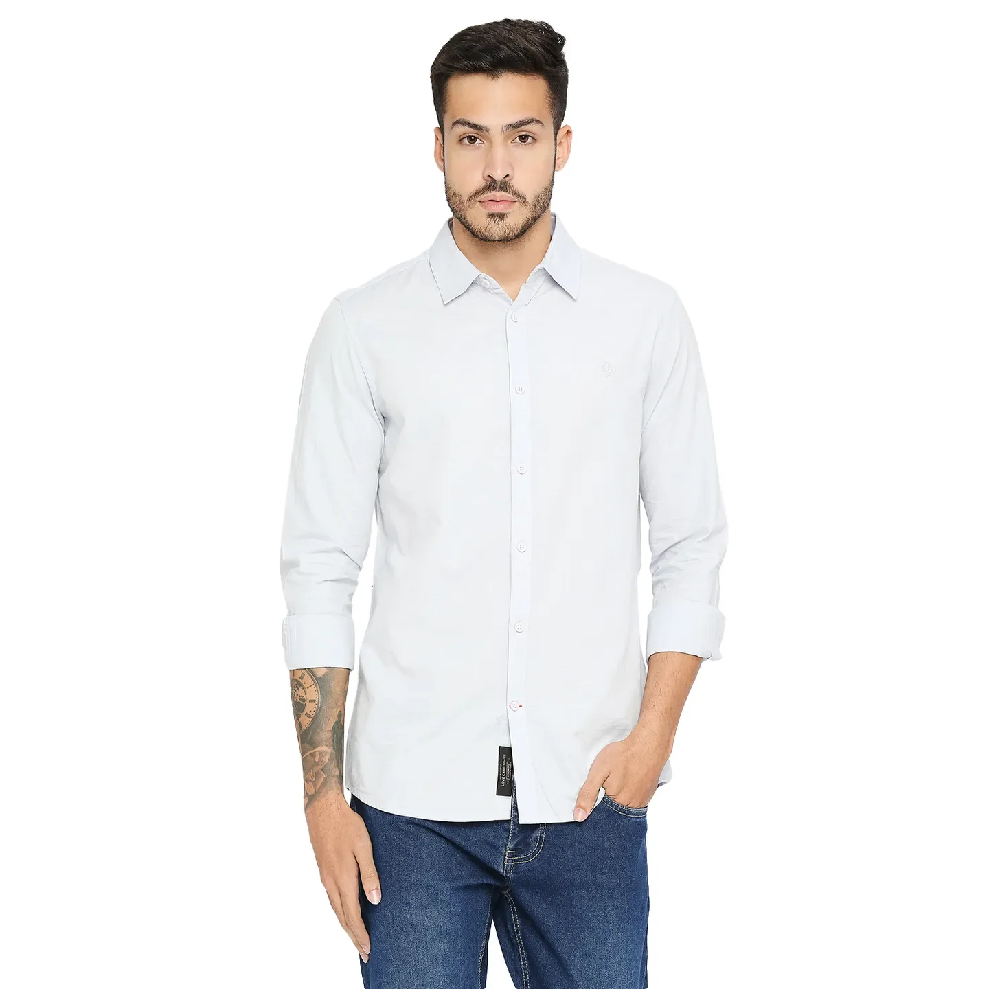 Grey Slim Straight Fit Regular Collar Long Sleeves Cotton Men's Shirt by Being Human Clothing