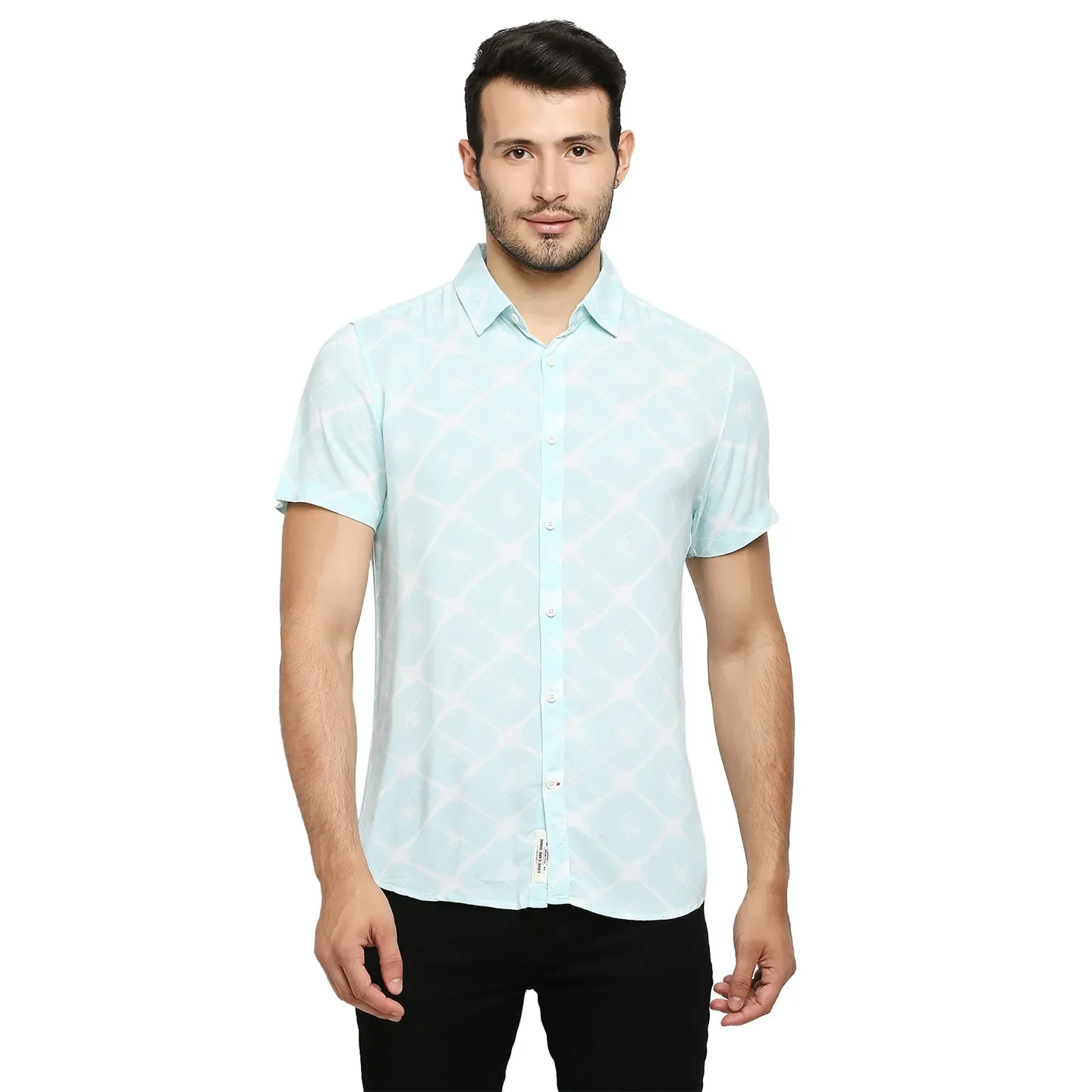 Blue Slim Straight Fit Regular Collar Short Sleeves Cotton Men's Shirt by Being Human Clothing