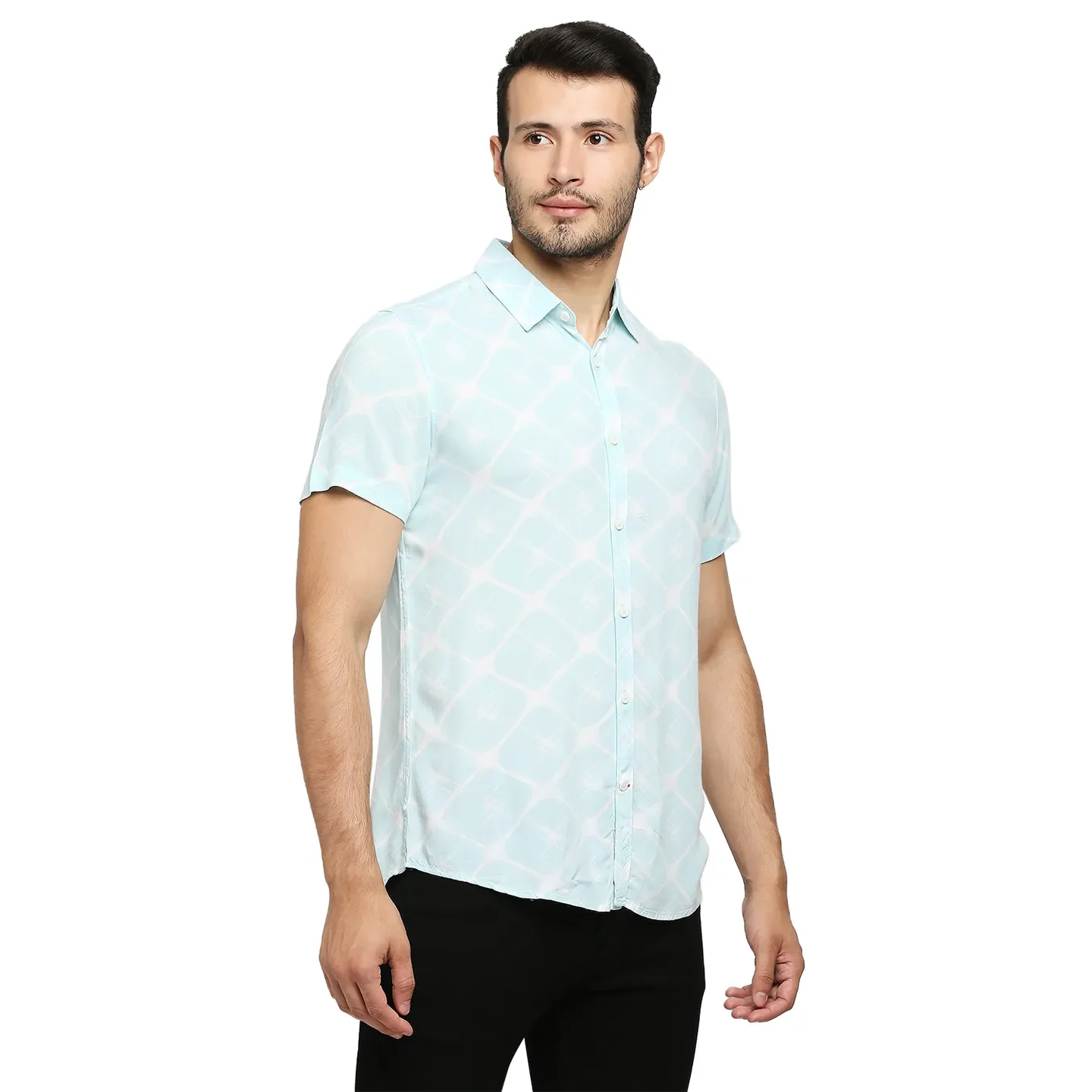 Blue Slim Straight Fit Regular Collar Short Sleeves Cotton Men's Shirt by Being Human Clothing - Image 3