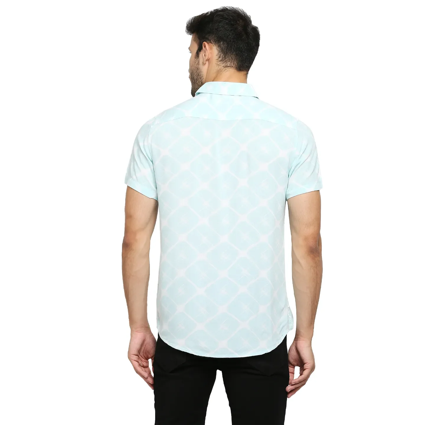 Blue Slim Straight Fit Regular Collar Short Sleeves Cotton Men's Shirt by Being Human Clothing - Image 4