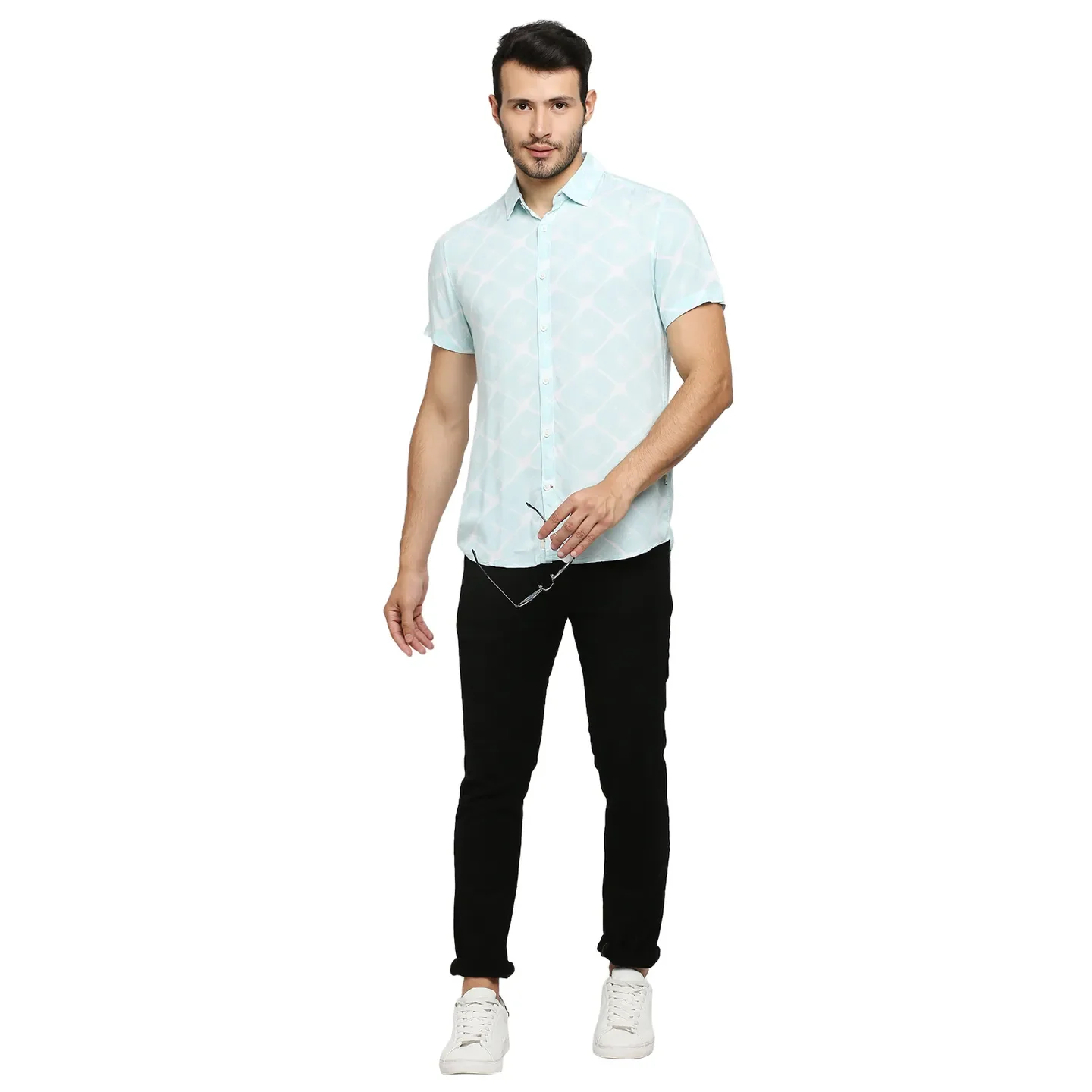 Blue Slim Straight Fit Regular Collar Short Sleeves Cotton Men's Shirt by Being Human Clothing - Image 6