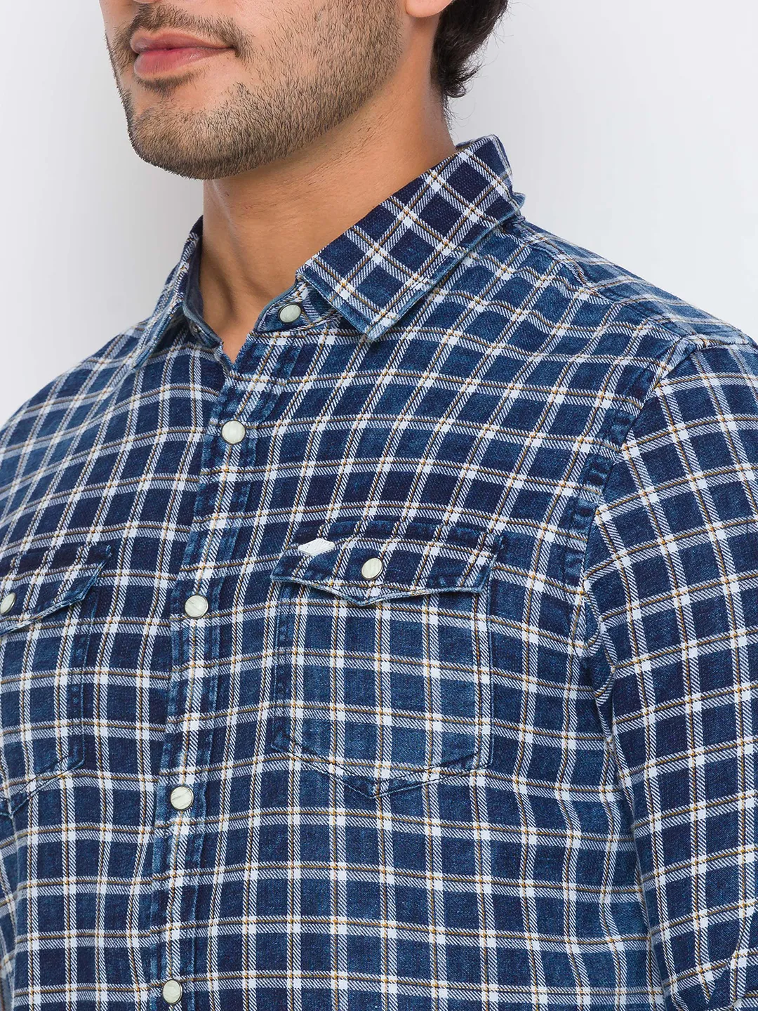 Blue Slim Straight Fit Regular Collar Long Sleeves Cotton Men's Shirt by Being Human Clothing - Image 4