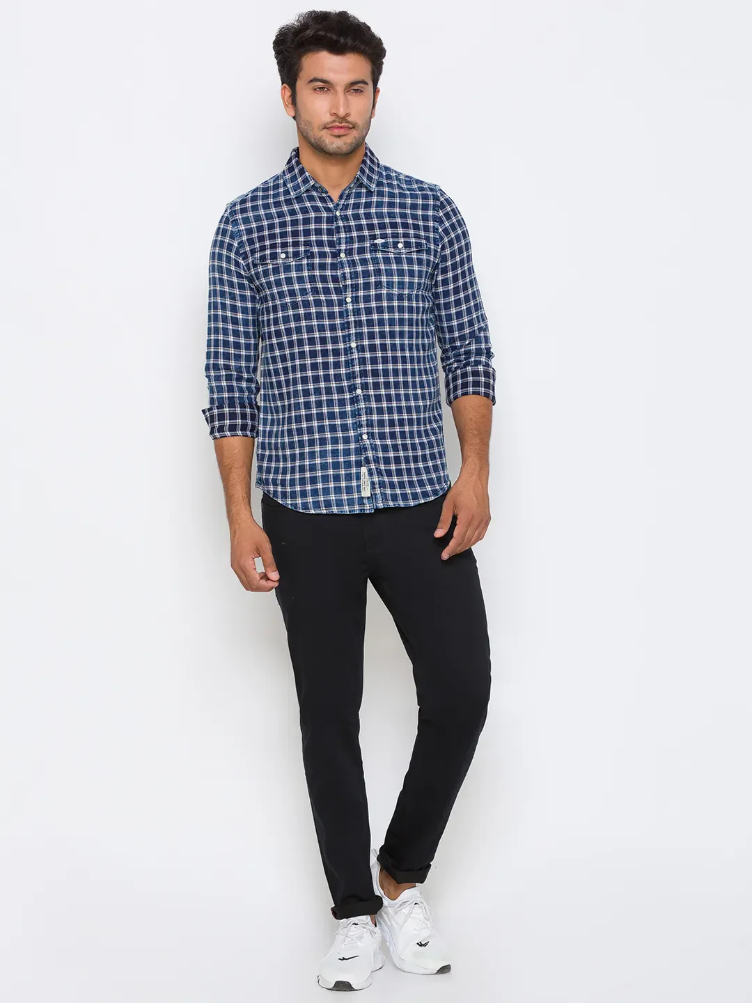 Blue Slim Straight Fit Regular Collar Long Sleeves Cotton Men's Shirt by Being Human Clothing - Image 5