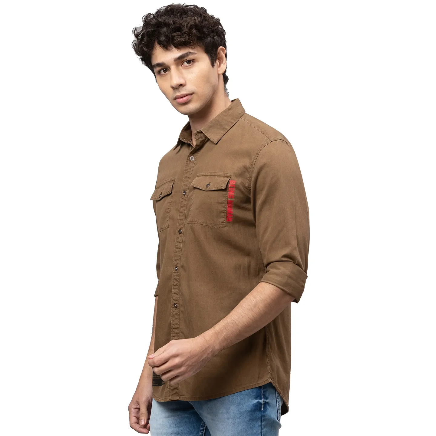 Khaki Slim Straight Fit Regular Collar Long Sleeves Cotton Men's Shirt by Being Human Clothing - Image 4