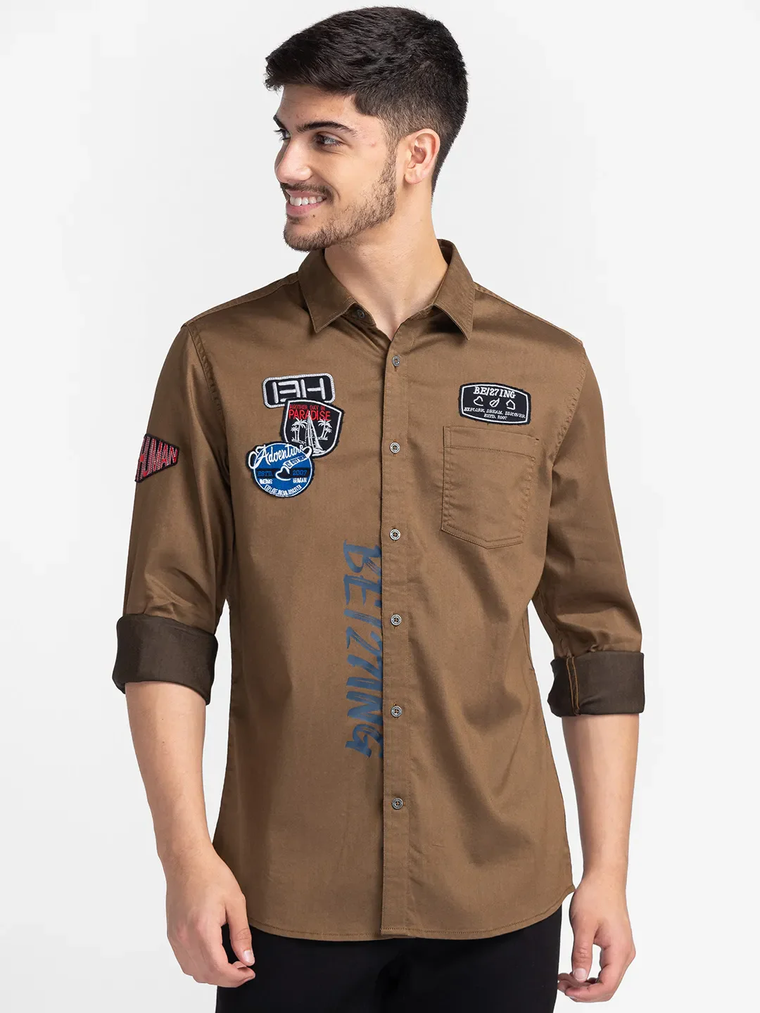Khaki Slim Straight Fit Regular Collar Long Sleeves Cotton Men's Shirt by Being Human Clothing
