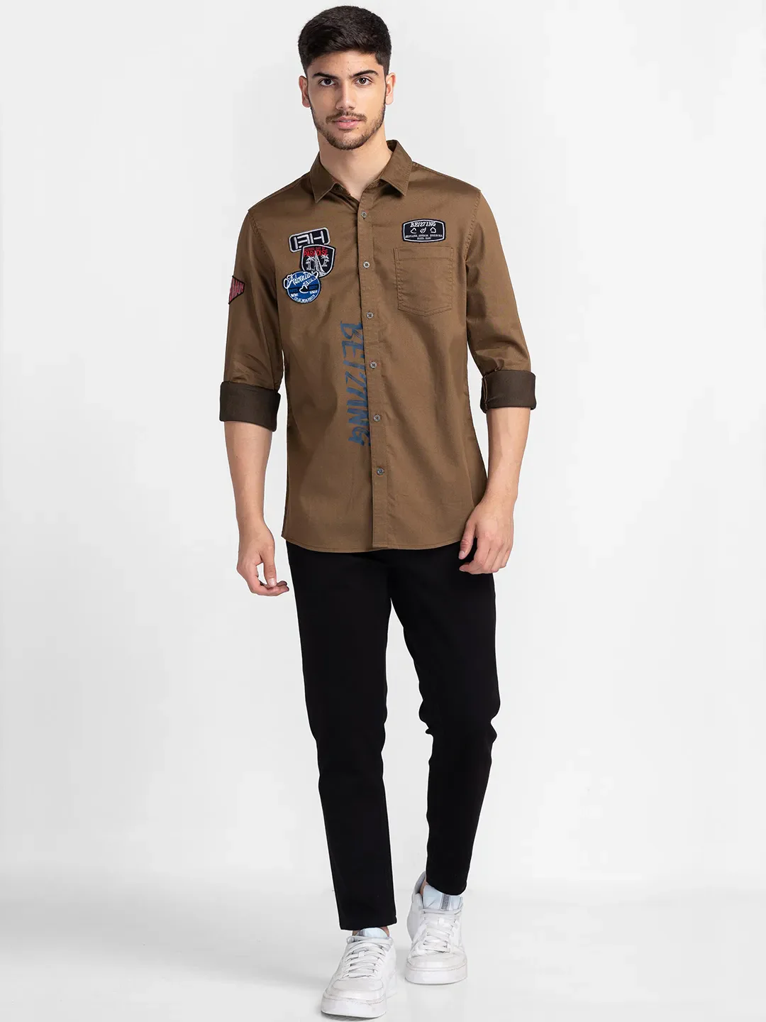 Khaki Slim Straight Fit Regular Collar Long Sleeves Cotton Men's Shirt by Being Human Clothing - Image 2