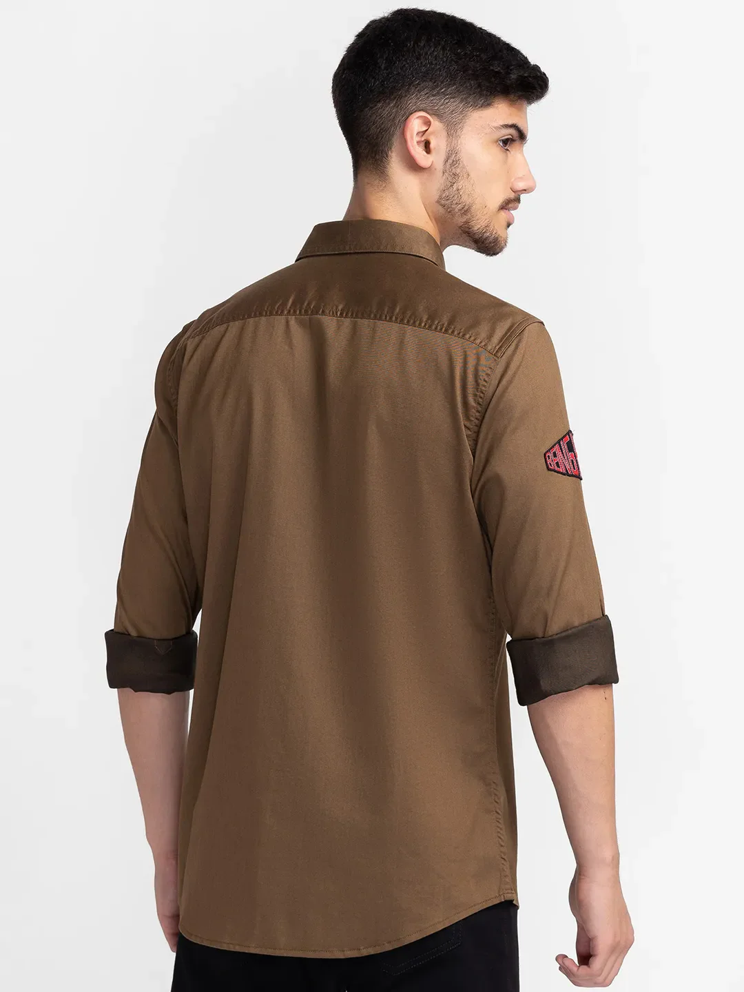 Khaki Slim Straight Fit Regular Collar Long Sleeves Cotton Men's Shirt by Being Human Clothing - Image 3