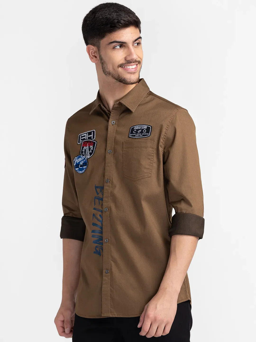 Khaki Slim Straight Fit Regular Collar Long Sleeves Cotton Men's Shirt by Being Human Clothing - Image 4