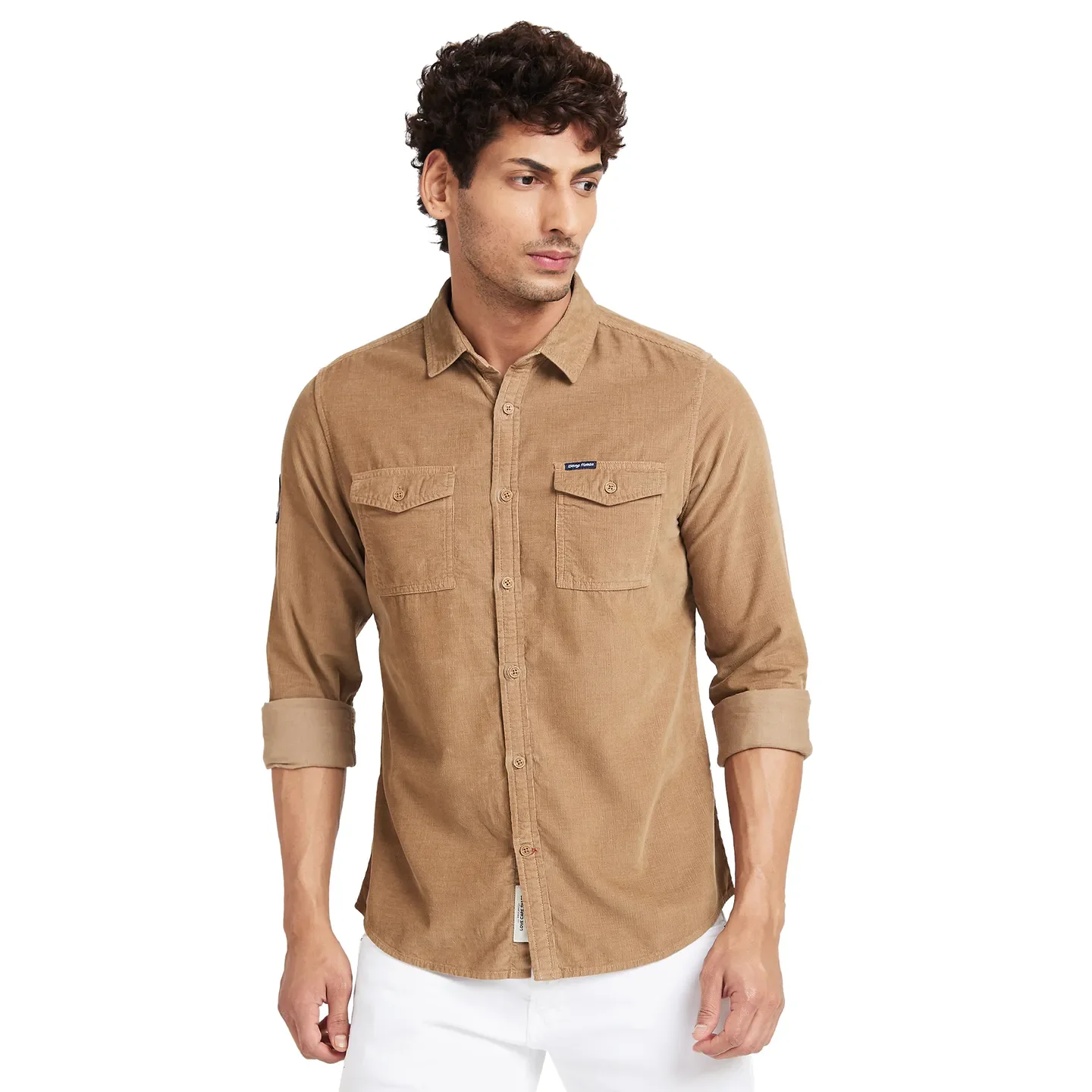 Khaki Slim Straight Fit Regular Collar Long Sleeves Men's Shirt by Being Human Clothing