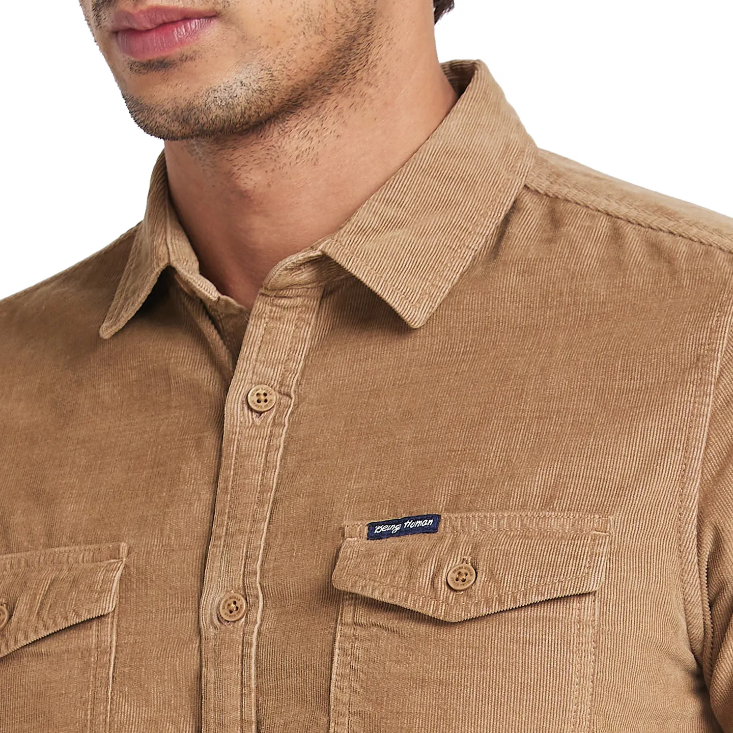Khaki Slim Straight Fit Regular Collar Long Sleeves Men's Shirt by Being Human Clothing - Image 5