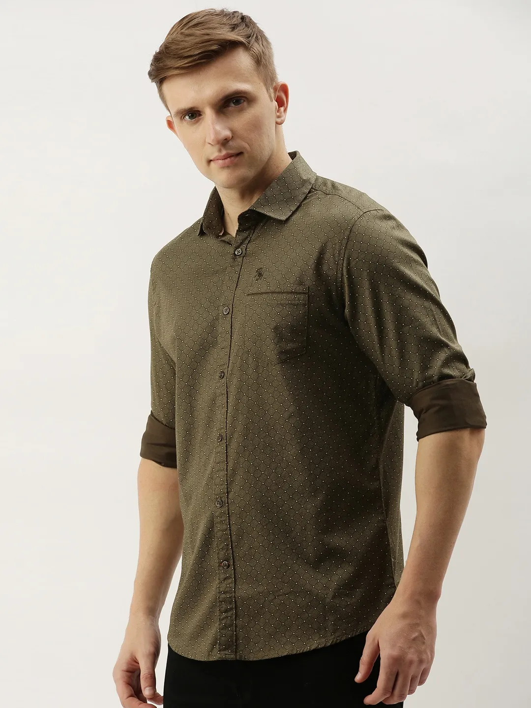 Khaki Slim Straight Fit Regular Collar Long Sleeves Men's Shirt by Being Human Clothing - Image 2