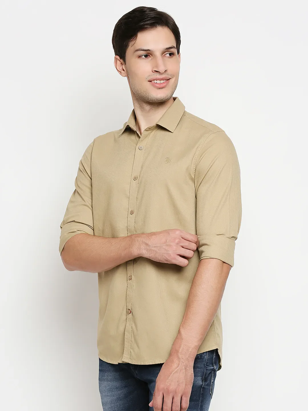 Khaki Slim Straight Fit Regular Collar Long Sleeves Cotton Men's Shirt by Being Human Clothing - Image 2