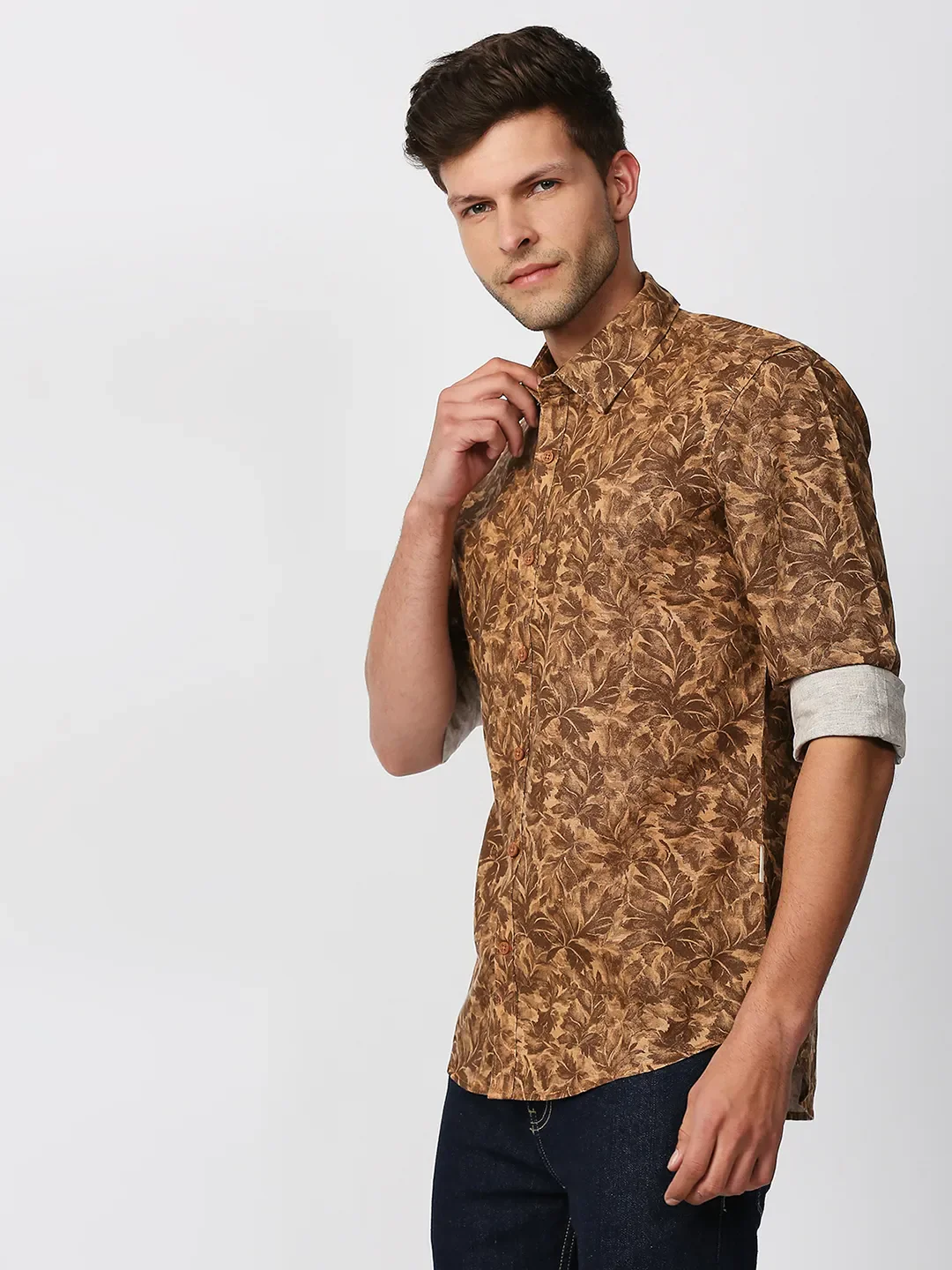 Khaki Slim Straight Fit Regular Collar Long Sleeves Cotton Men's Shirt by Being Human Clothing - Image 2