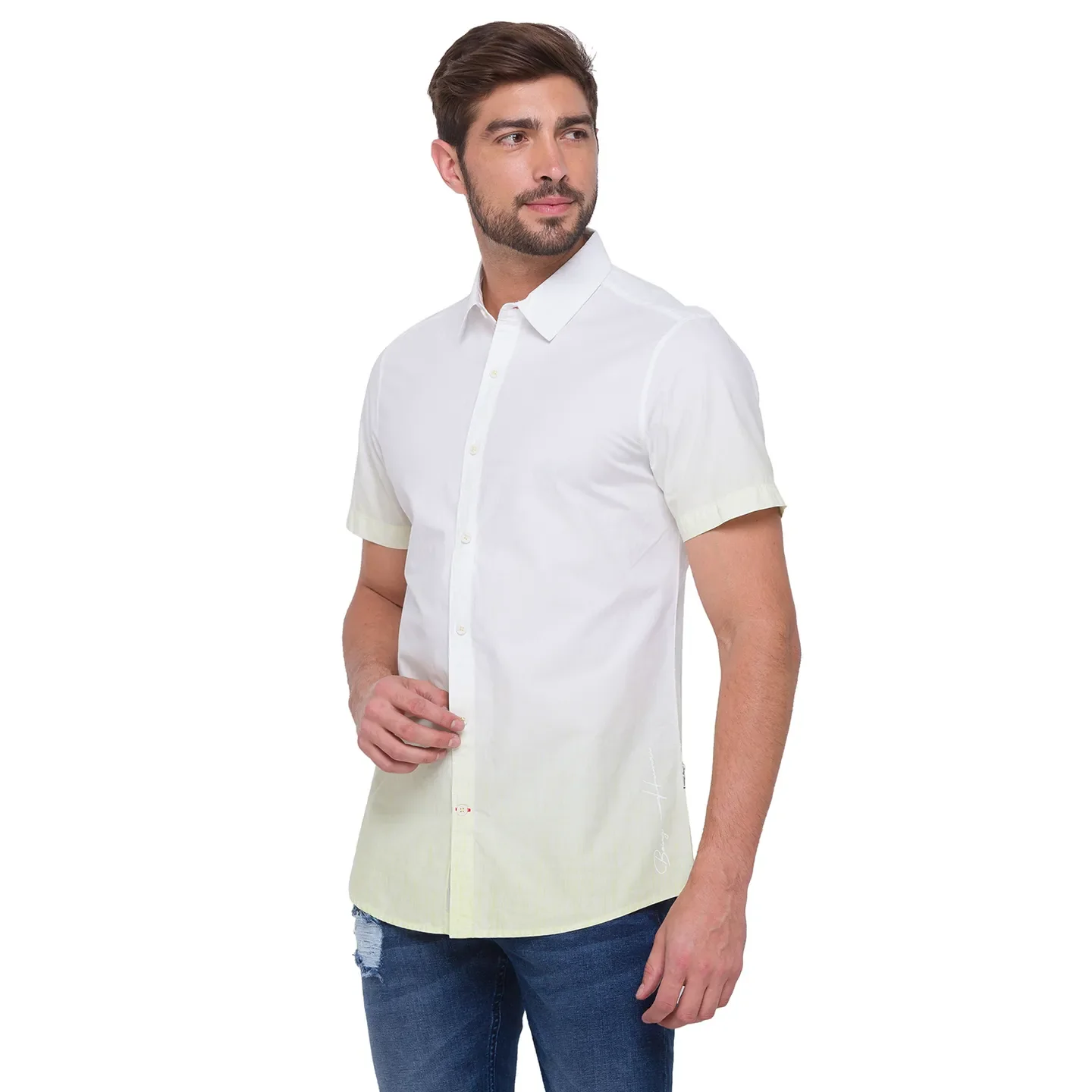 Yellow Slim Straight Fit Men's Short Sleeves Shirt by Being Human Clothing - Image 3