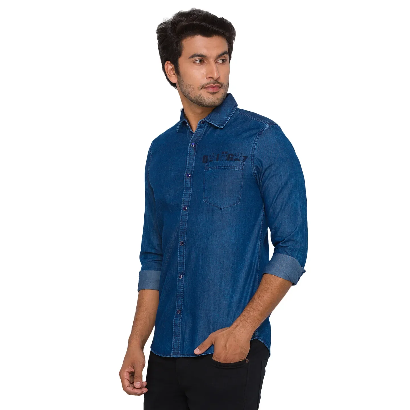 Blue Slim Straight Fit Regular Collar Long Sleeves Cotton Men's Shirt by Being Human Clothing - Image 2