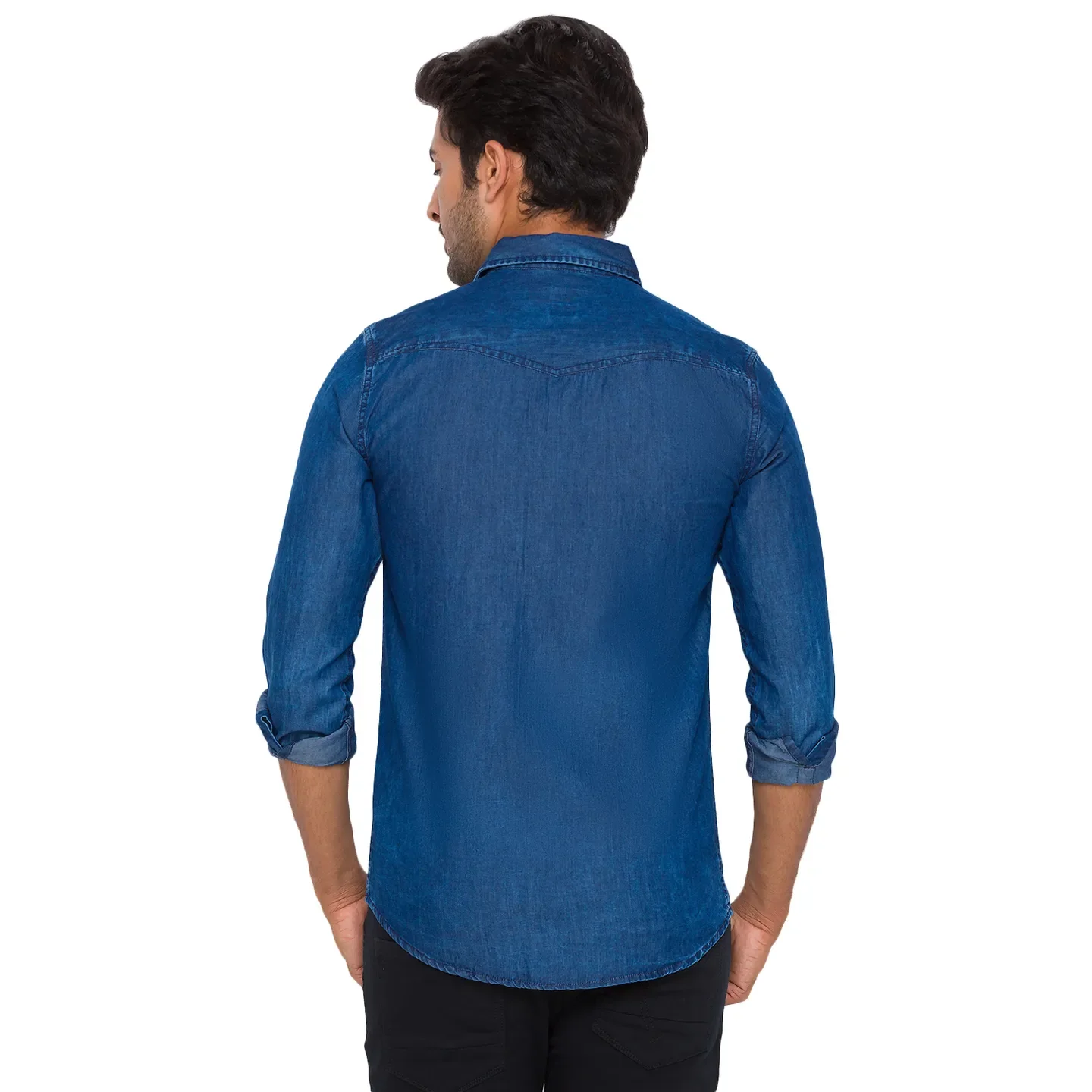 Blue Slim Straight Fit Regular Collar Long Sleeves Cotton Men's Shirt by Being Human Clothing - Image 3
