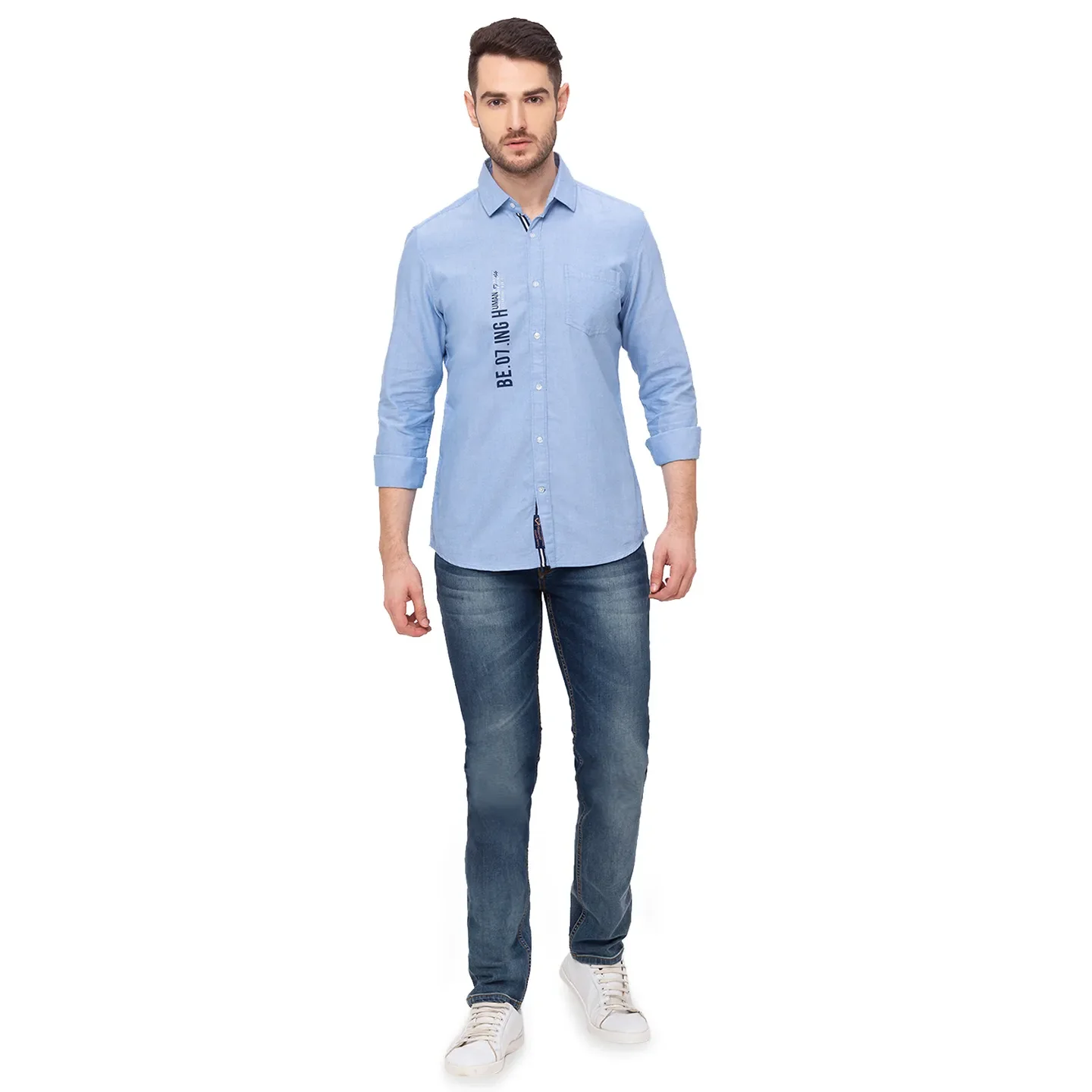 Blue Slim Straight Fit Regular Collar Long Sleeves Cotton Men's Shirt by Being Human Clothing - Image 6