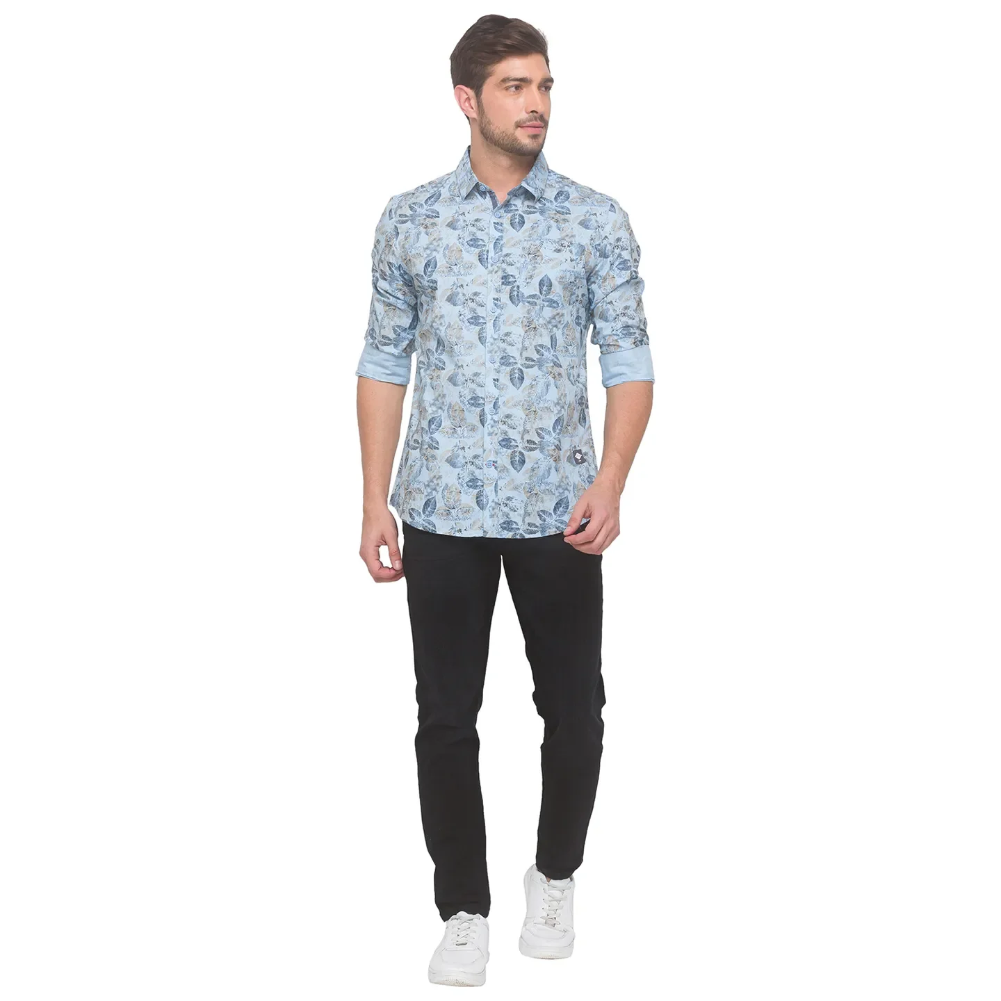 Blue Slim Straight Fit Regular Collar Long Sleeves Cotton Men's Shirt by Being Human Clothing - Image 5