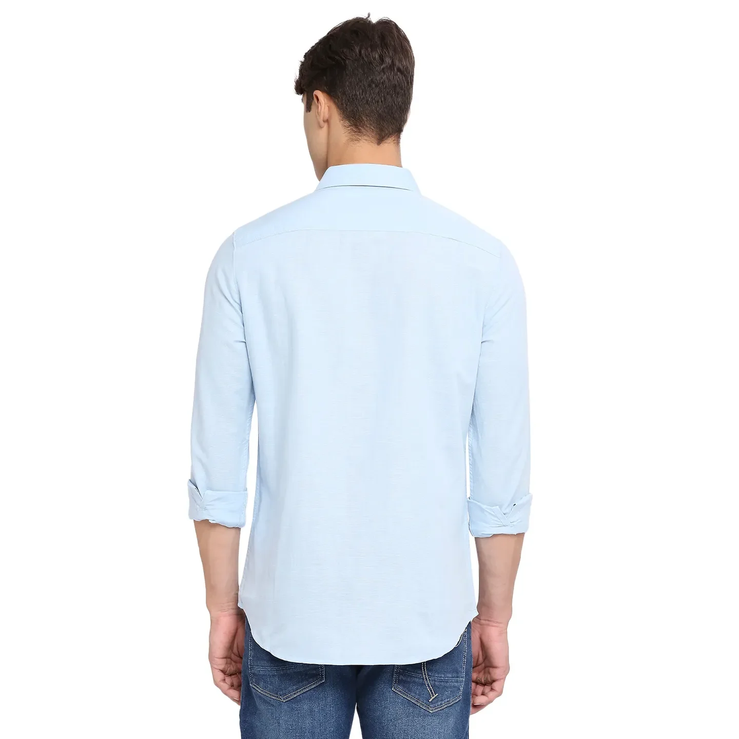 Blue Slim Straight Fit Regular Collar Long Sleeves Cotton Men's Shirt by Being Human Clothing - Image 4