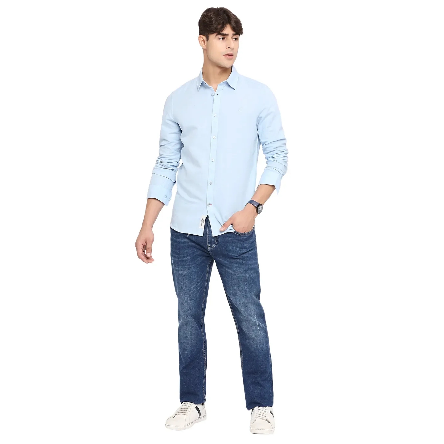Blue Slim Straight Fit Regular Collar Long Sleeves Cotton Men's Shirt by Being Human Clothing - Image 6