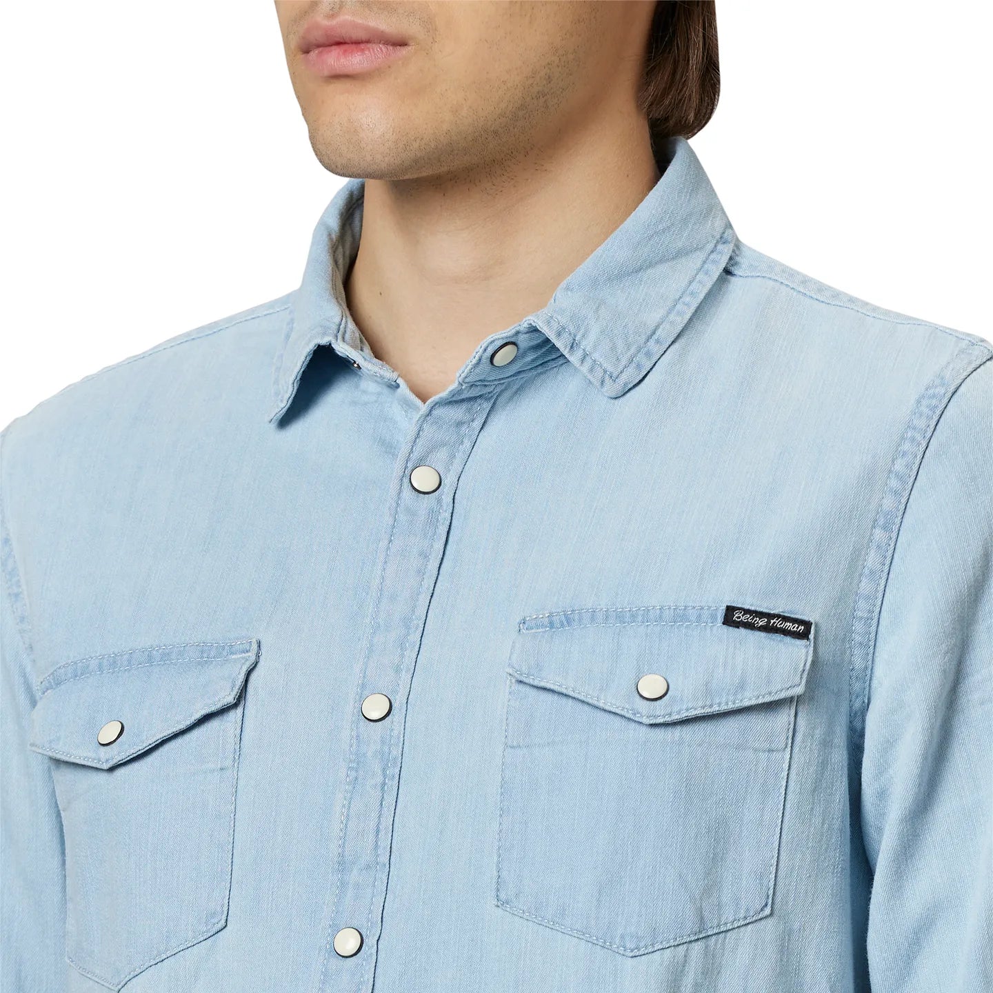 Blue Slim Straight Fit Regular Collar Long Sleeves Cotton Men's Shirt by Being Human Clothing - Image 4