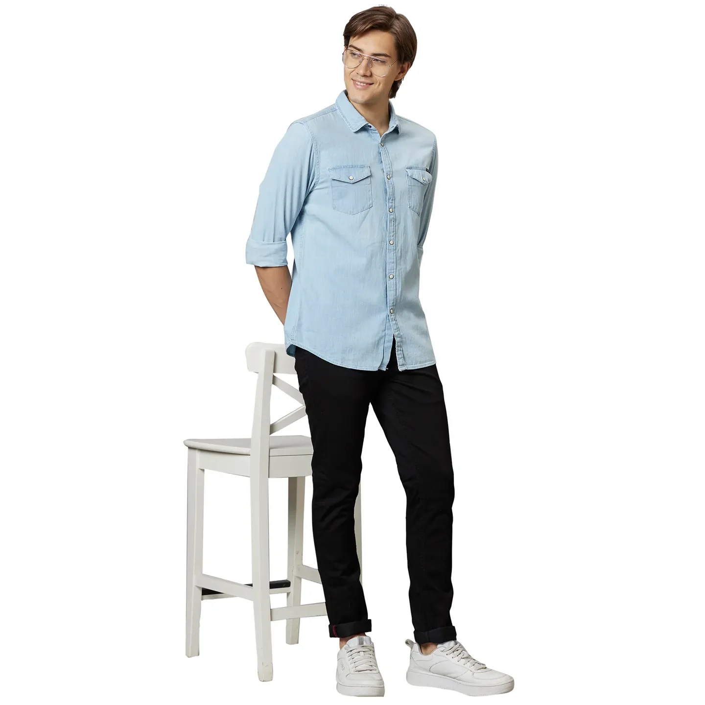Blue Slim Straight Fit Regular Collar Long Sleeves Cotton Men's Shirt by Being Human Clothing - Image 5